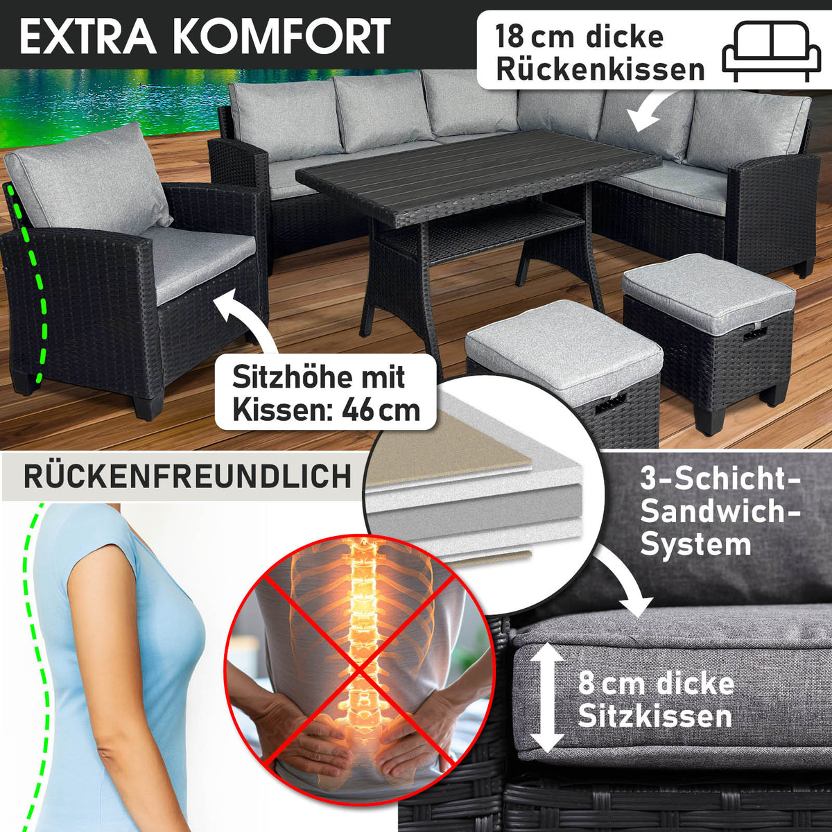 Polyrattan Sofa Essgruppe HACIENDA schwarz/grau