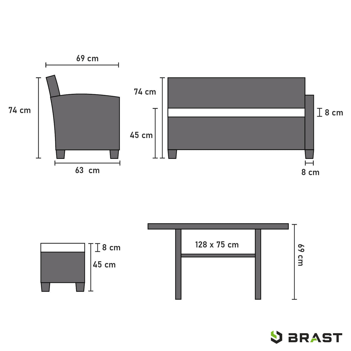Polyrattan Sofa Essgruppe HACIENDA schwarz/grau