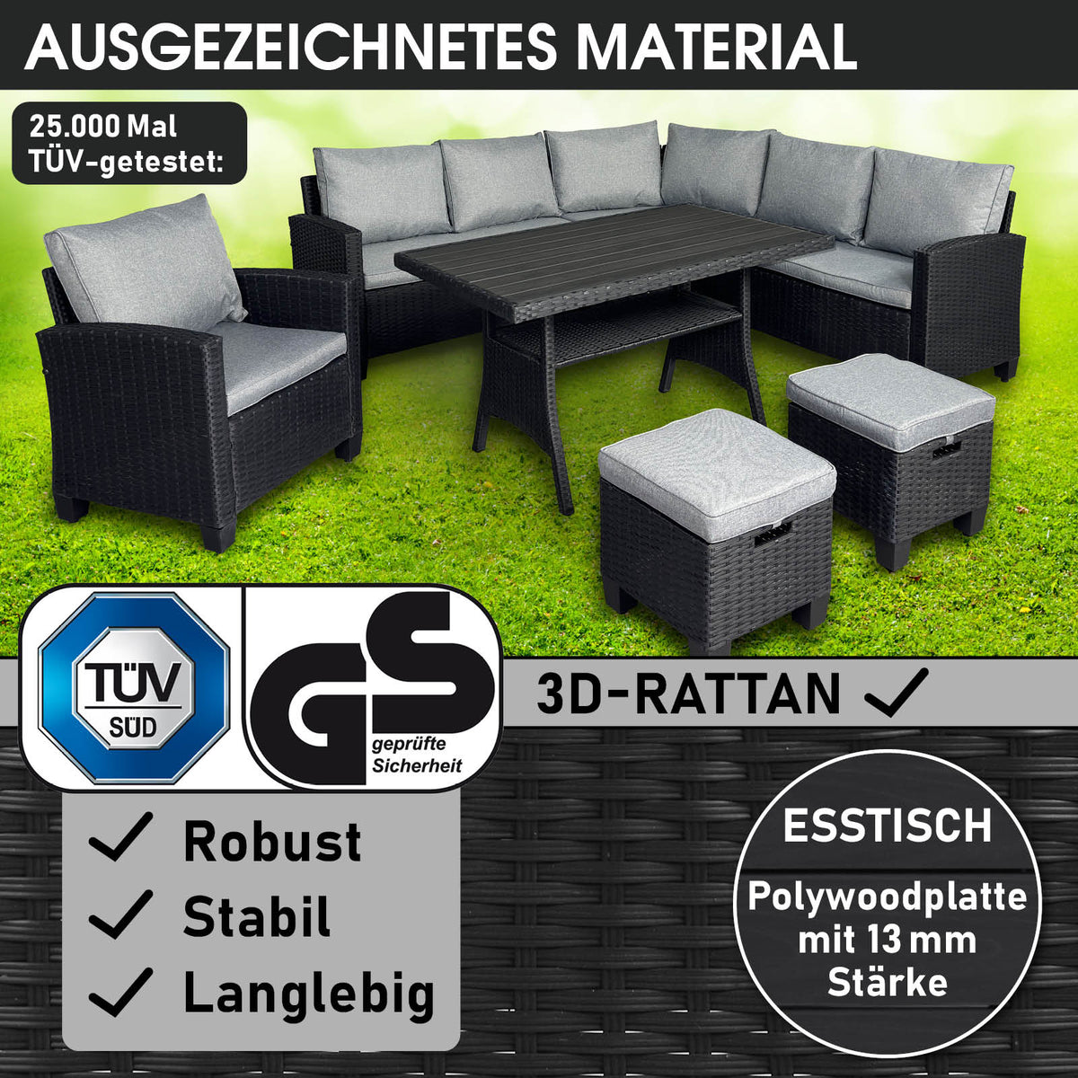 Polyrattan Sofa Essgruppe HACIENDA schwarz/grau