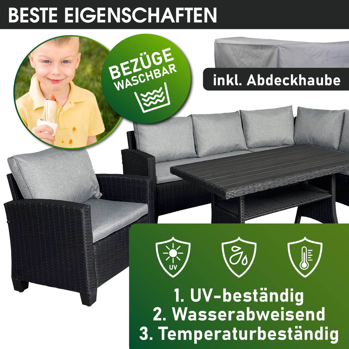 Polyrattan Sofa Essgruppe HACIENDA schwarz/grau