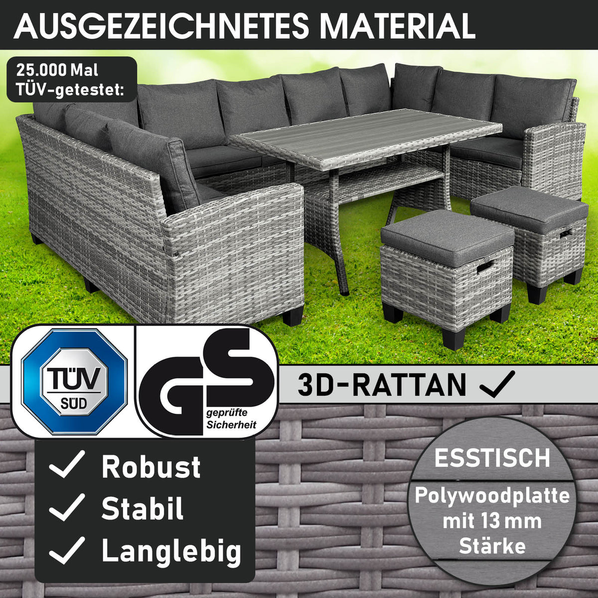 Polyrattan Sofa Essgruppe FAMILY grau/anthrazit