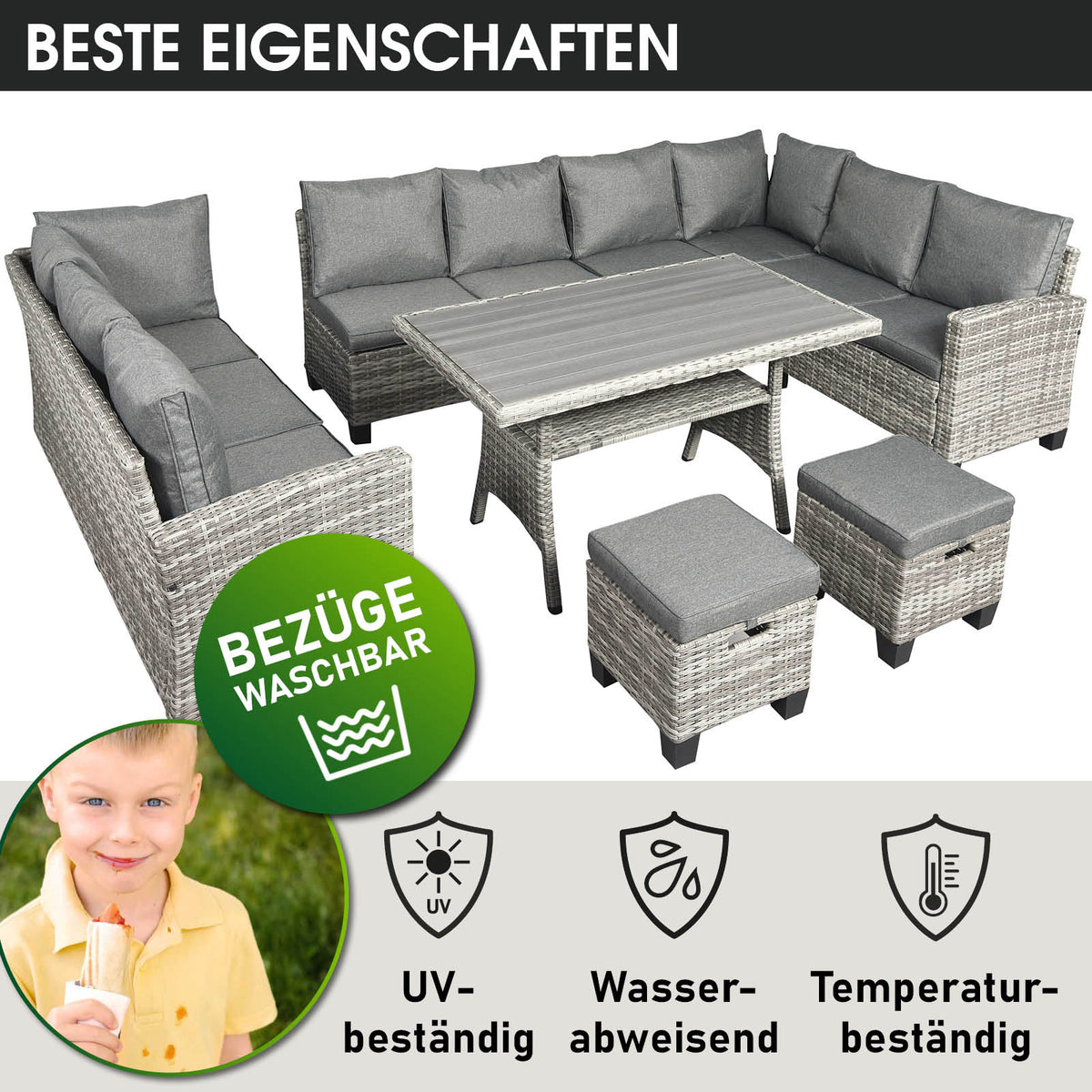 Polyrattan Sofa Essgruppe FAMILY grau/anthrazit