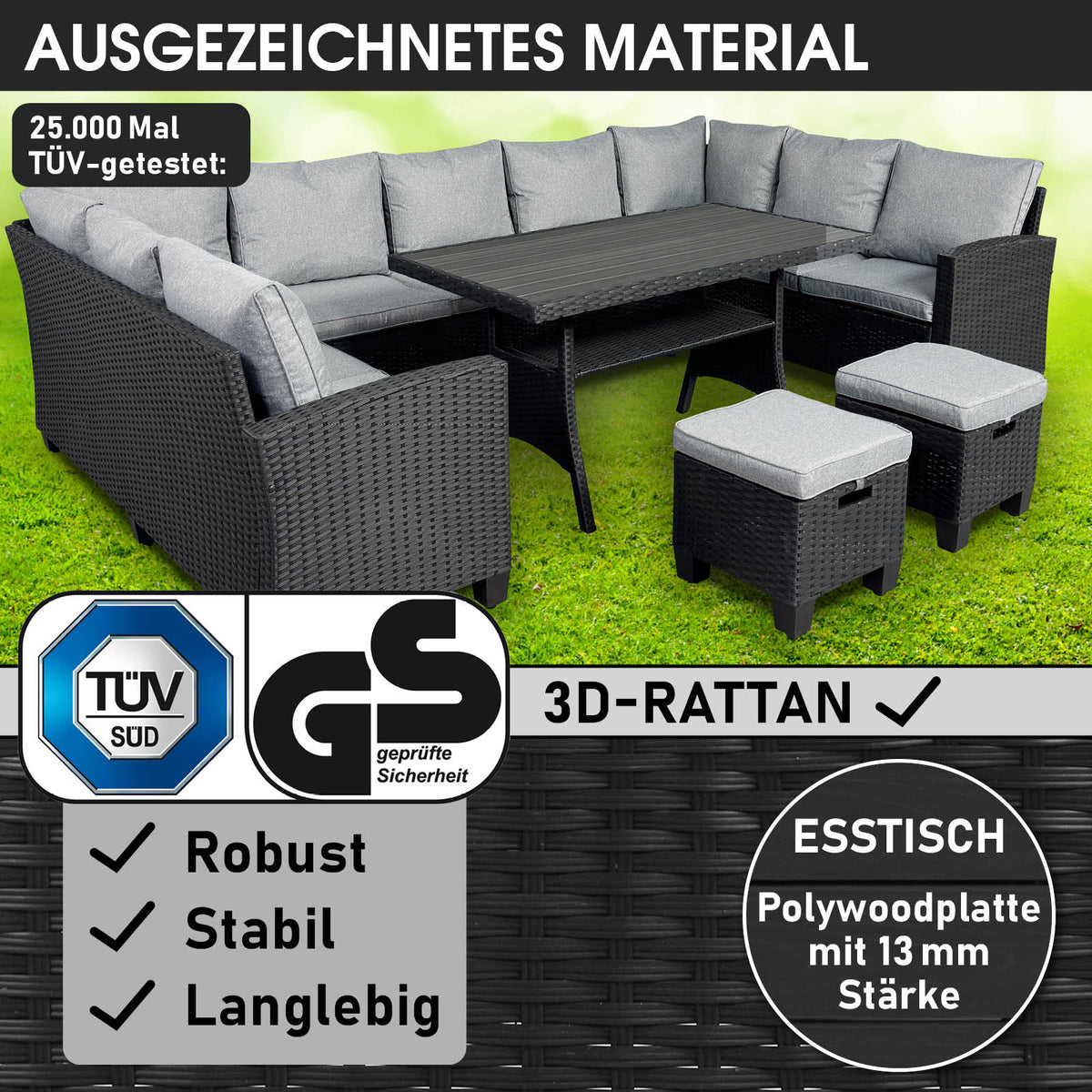 Polyrattan Sofa Essgruppe FAMILY schwarz/grau