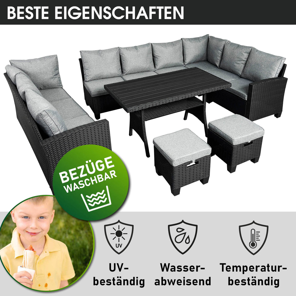 Polyrattan Sofa Essgruppe FAMILY schwarz/grau