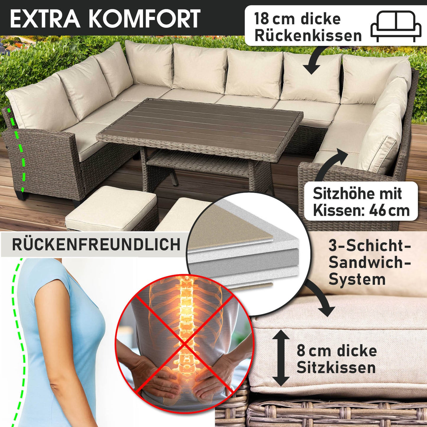 Polyrattan Sofa Essgruppe FAMILY braun/beige