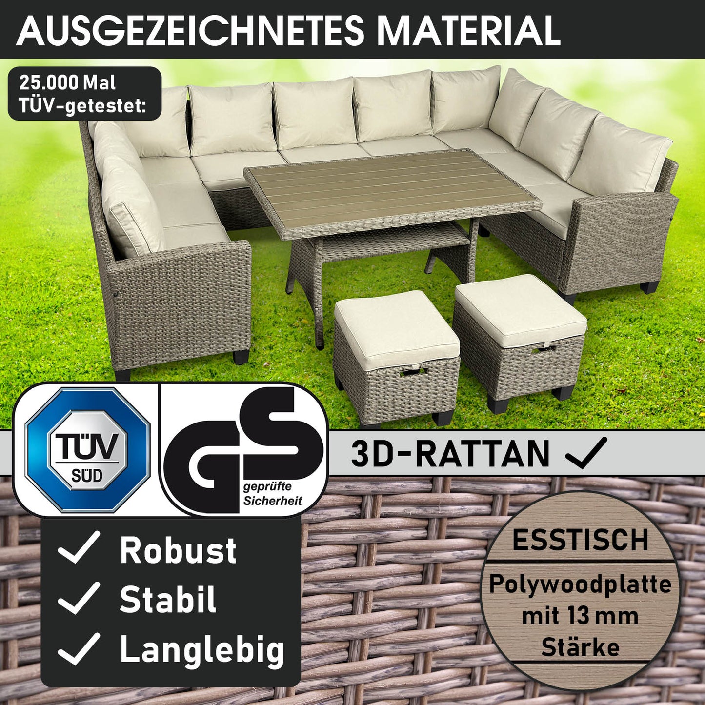 Polyrattan Sofa Essgruppe FAMILY braun/beige