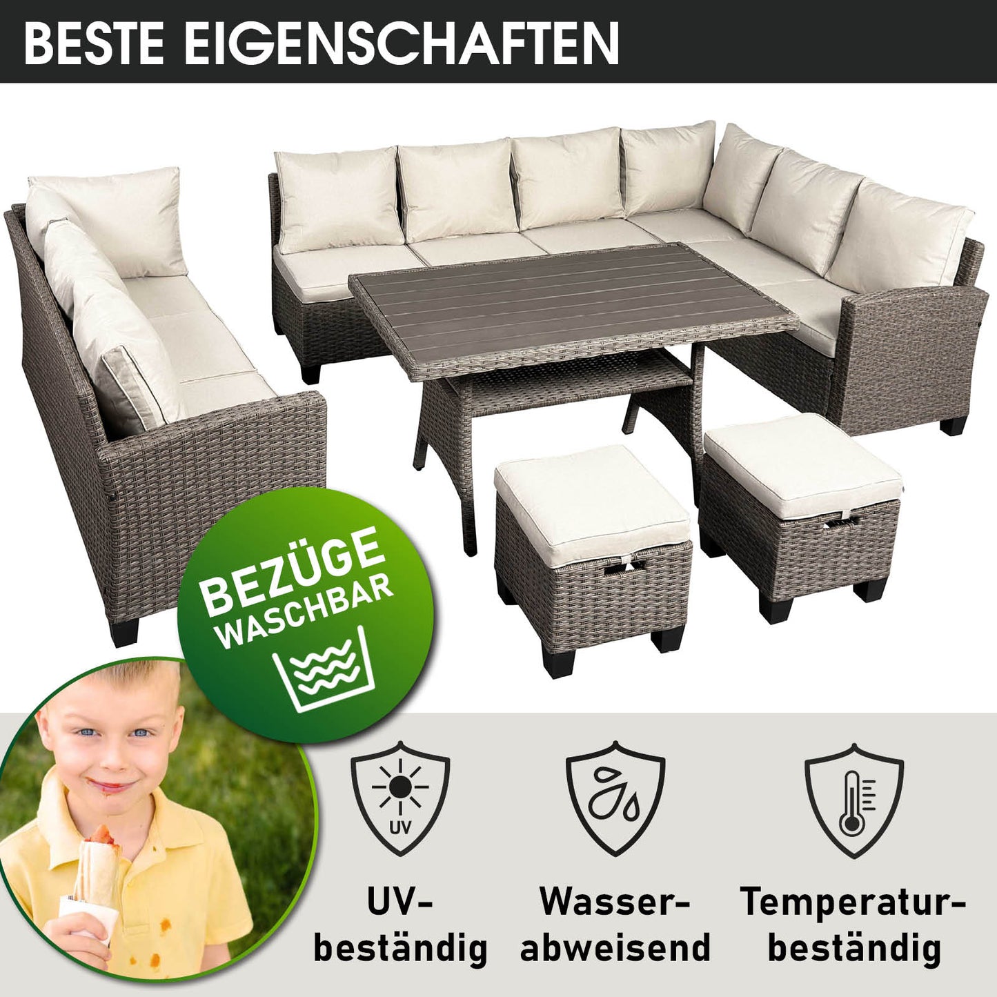 Polyrattan Sofa Essgruppe FAMILY braun/beige
