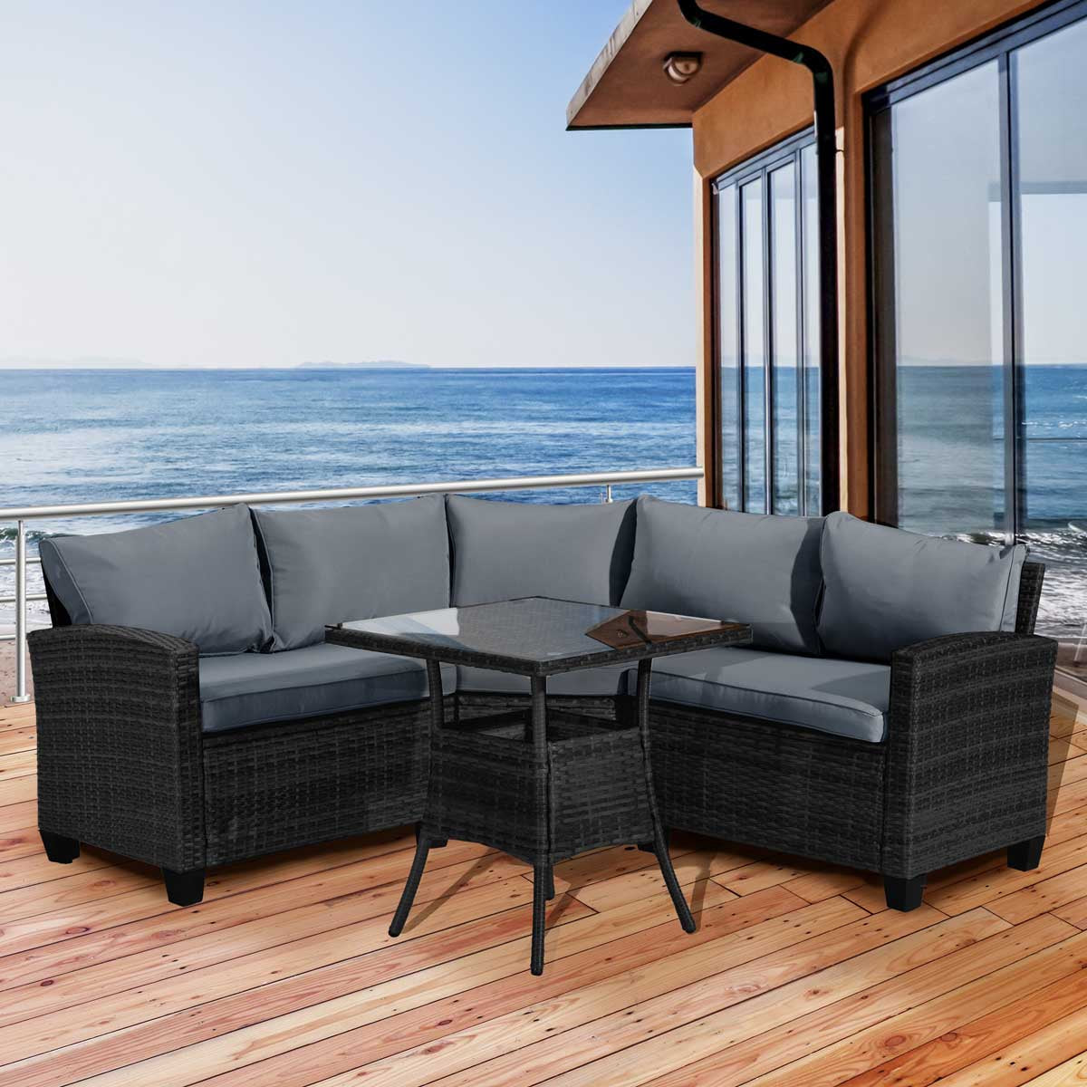 Polyrattan Sofa Essgruppe BALCONY schwarz/grau