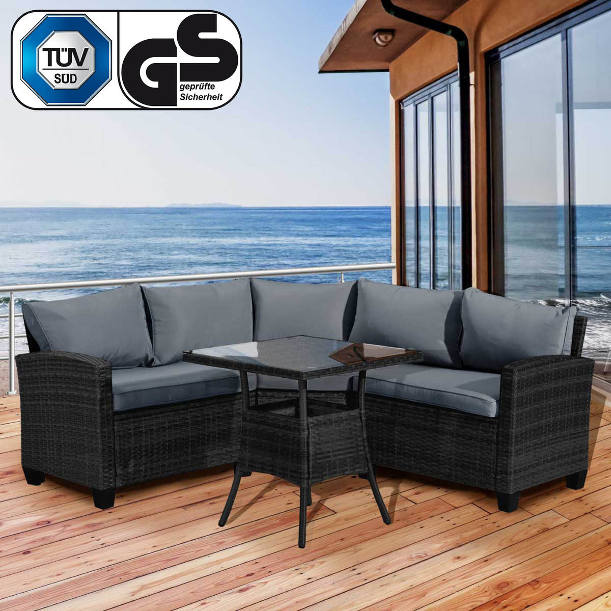 Polyrattan Sofa Essgruppe BALCONY schwarz/grau