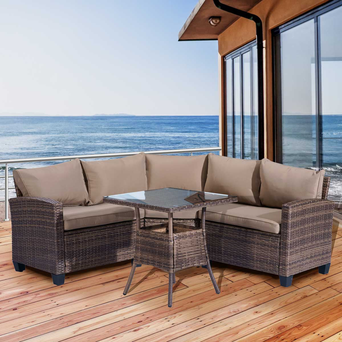Polyrattan Sofa Essgruppe BALCONY braun/beige