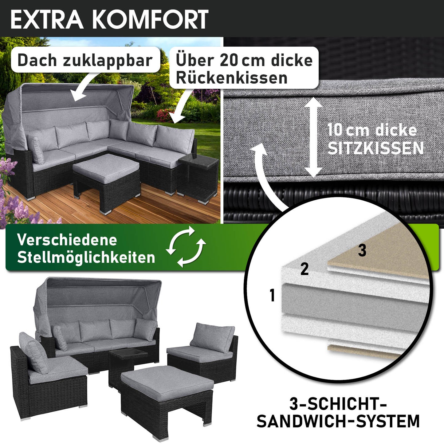 Polyrattan Lounge-Insel mit LED schwarz/grau