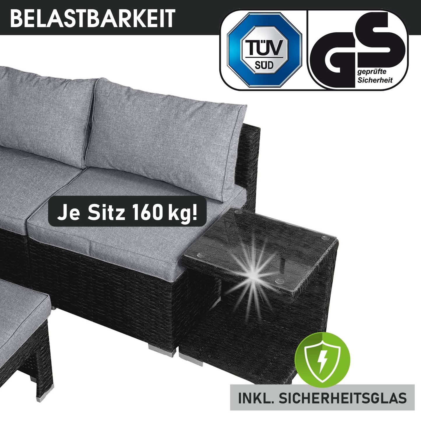 Polyrattan Lounge-Insel mit LED schwarz/grau