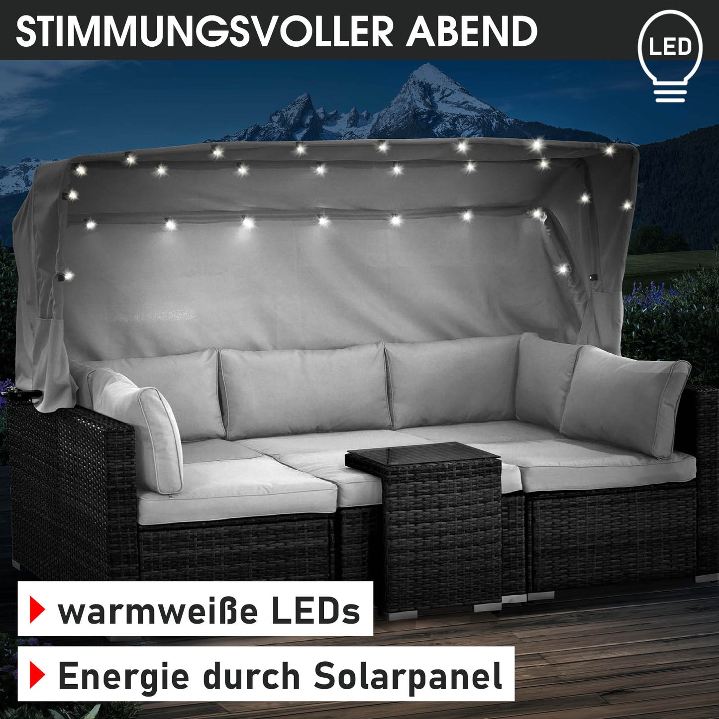 Polyrattan Lounge-Insel mit LED schwarz/grau