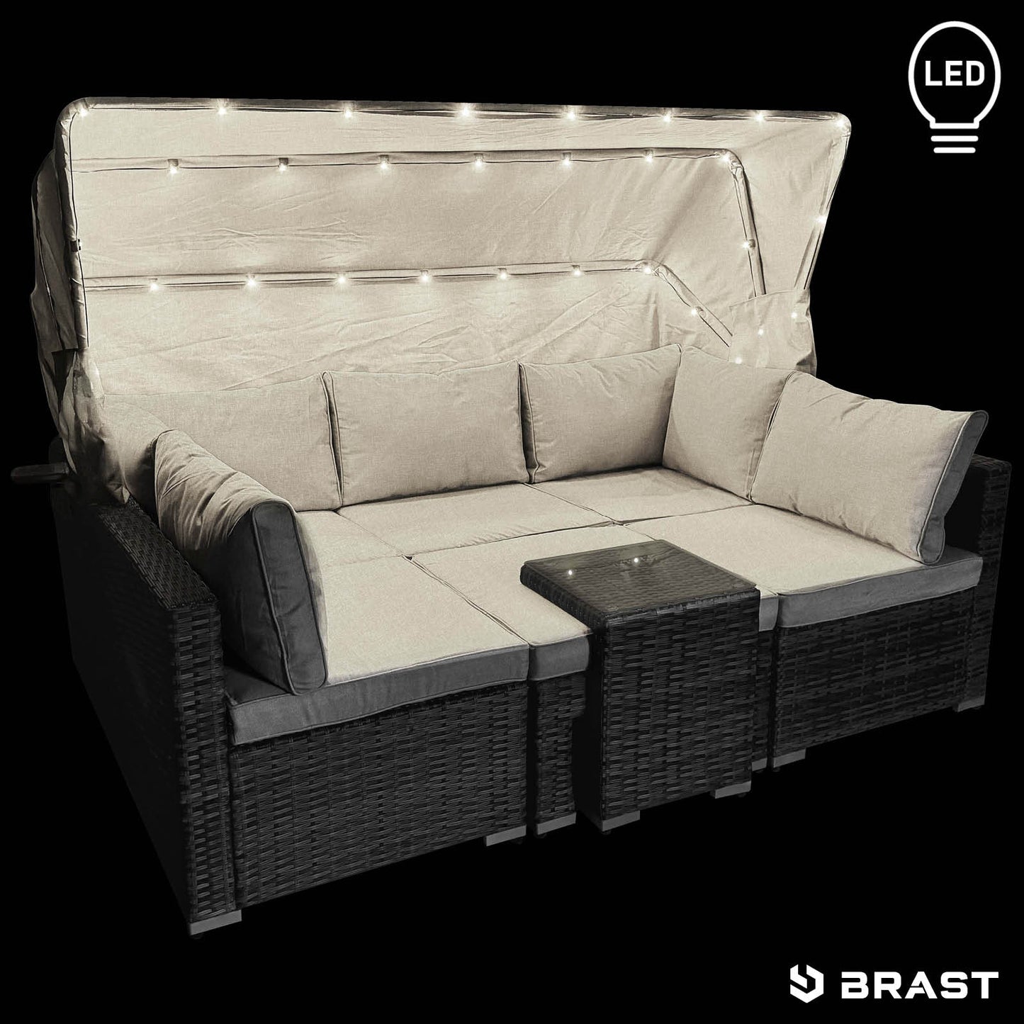Polyrattan Lounge-Insel mit LED schwarz/grau