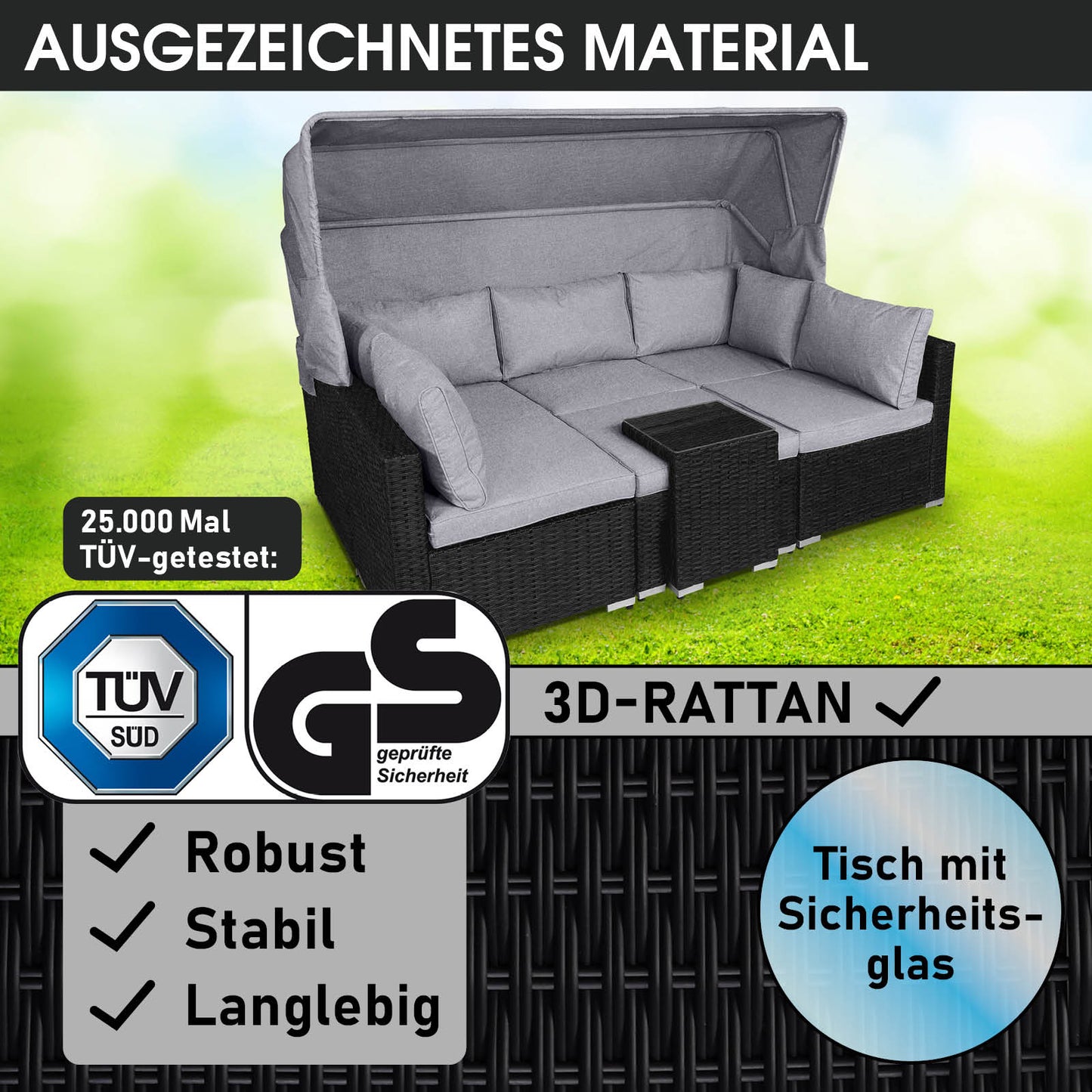 Polyrattan Lounge-Insel mit LED schwarz/grau
