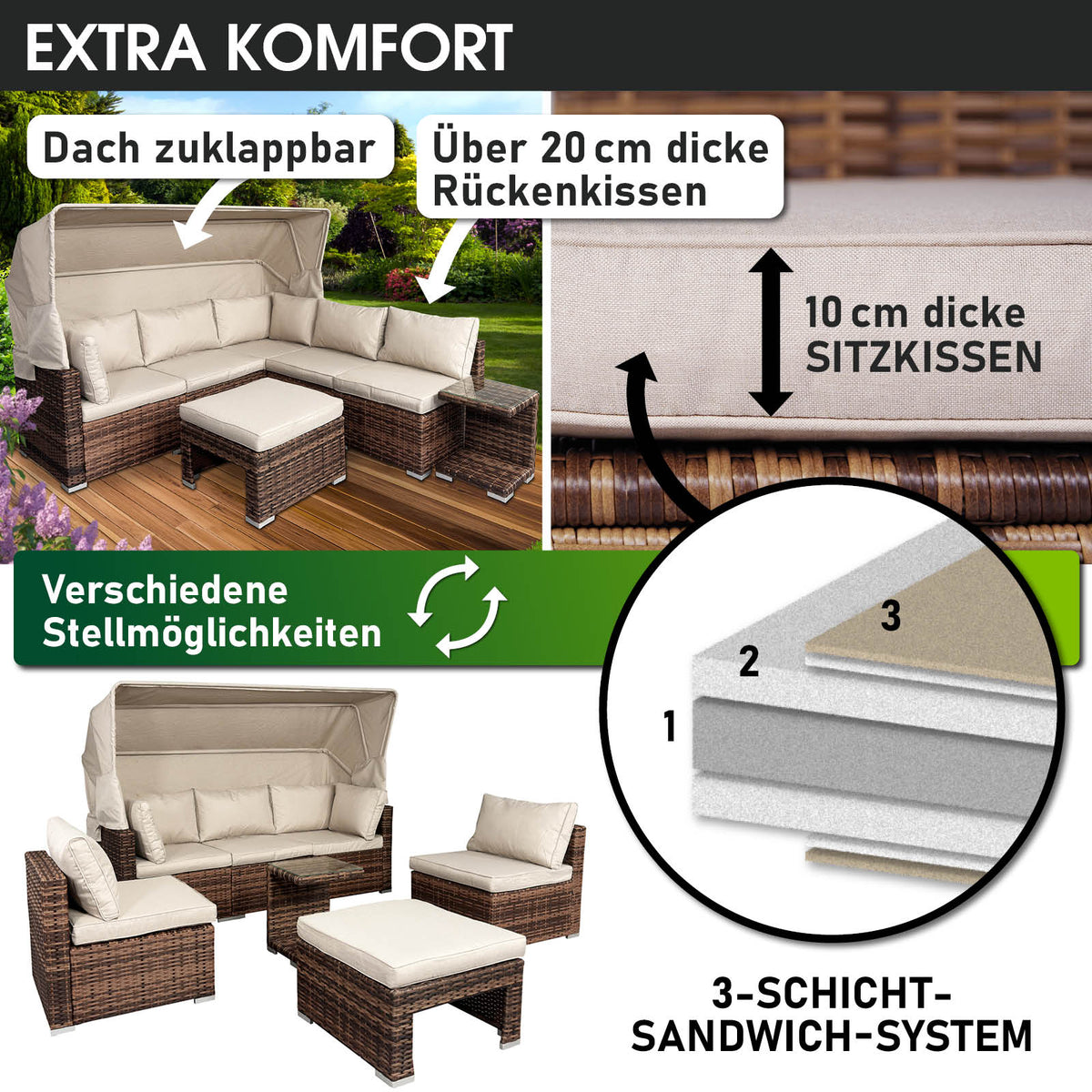 Polyrattan Lounge-Insel mit LED braun/beige
