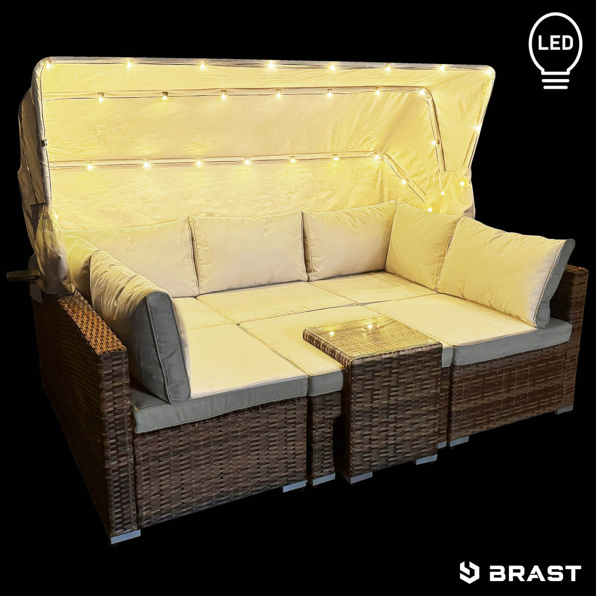 Polyrattan Lounge-Insel mit LED braun/beige