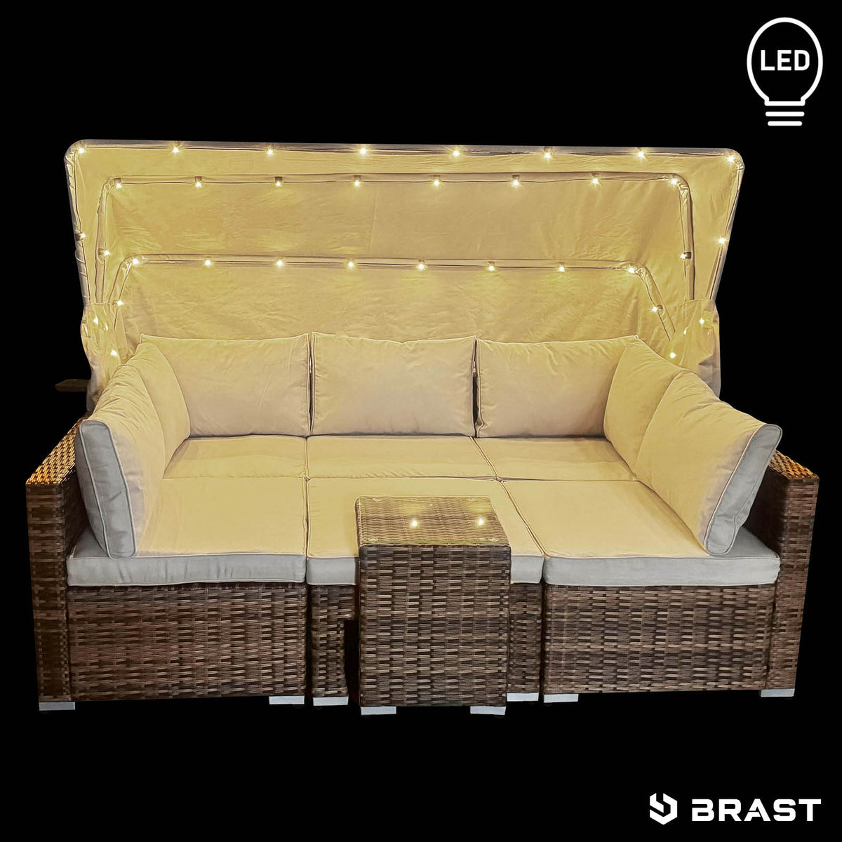 Polyrattan Lounge-Insel mit LED braun/beige