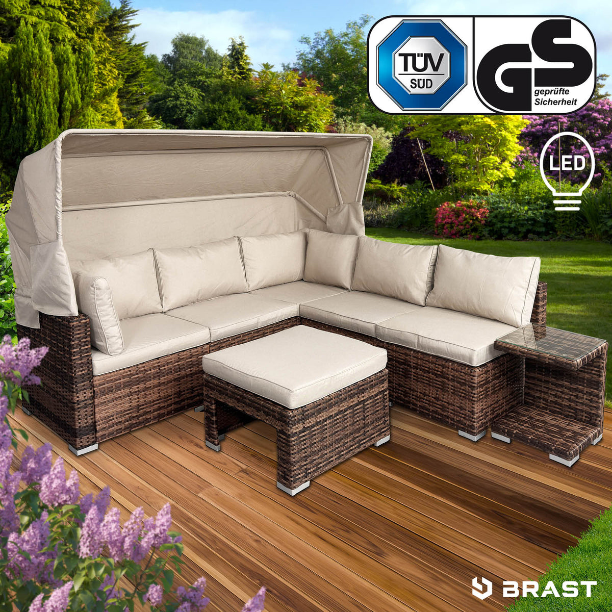Polyrattan Lounge-Insel mit LED braun/beige