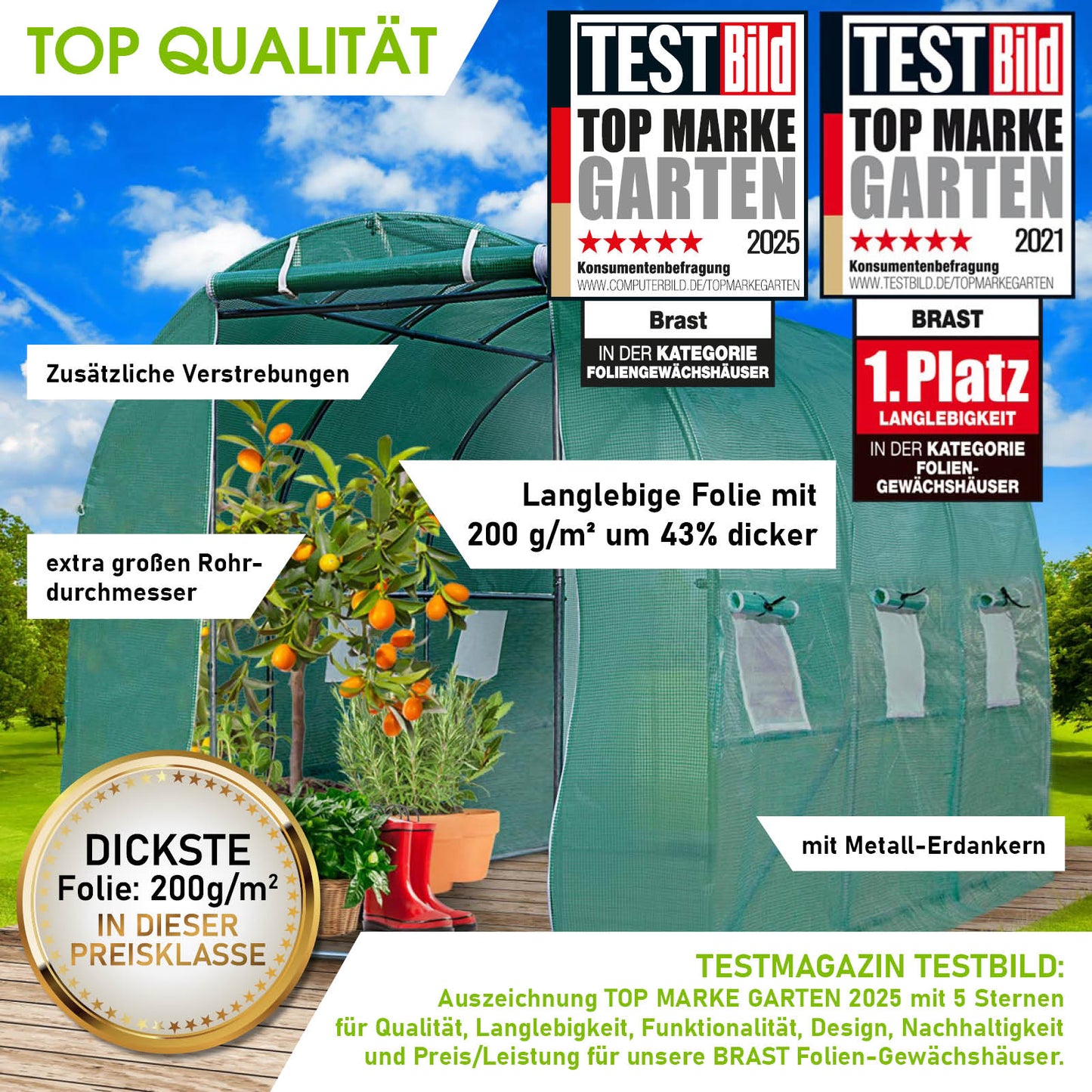 BRAST Folien-Gewächshaus 2x3m inkl. 4 Erdanker