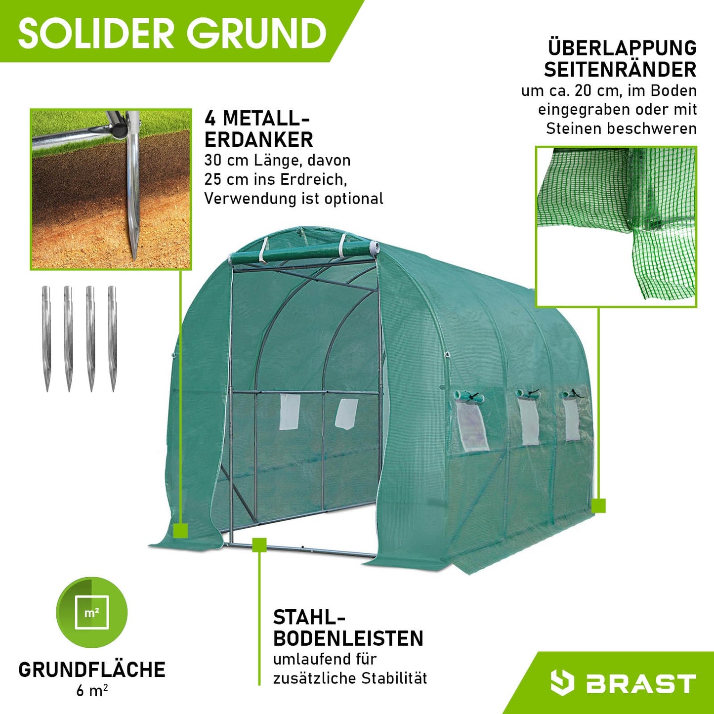 BRAST Folien-Gewächshaus 2x3m inkl. 4 Erdanker