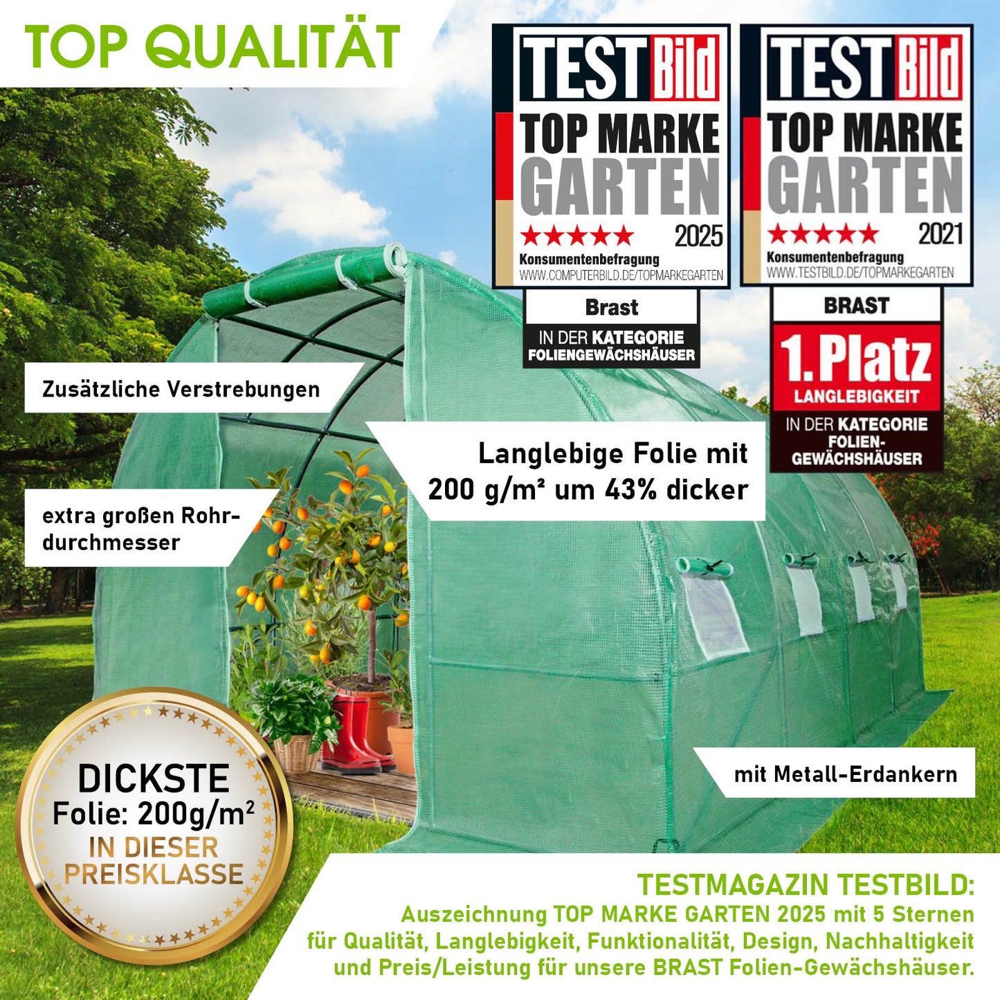 BRAST Folien-Gewächshaus 3x4m inkl. 4 Erdanker