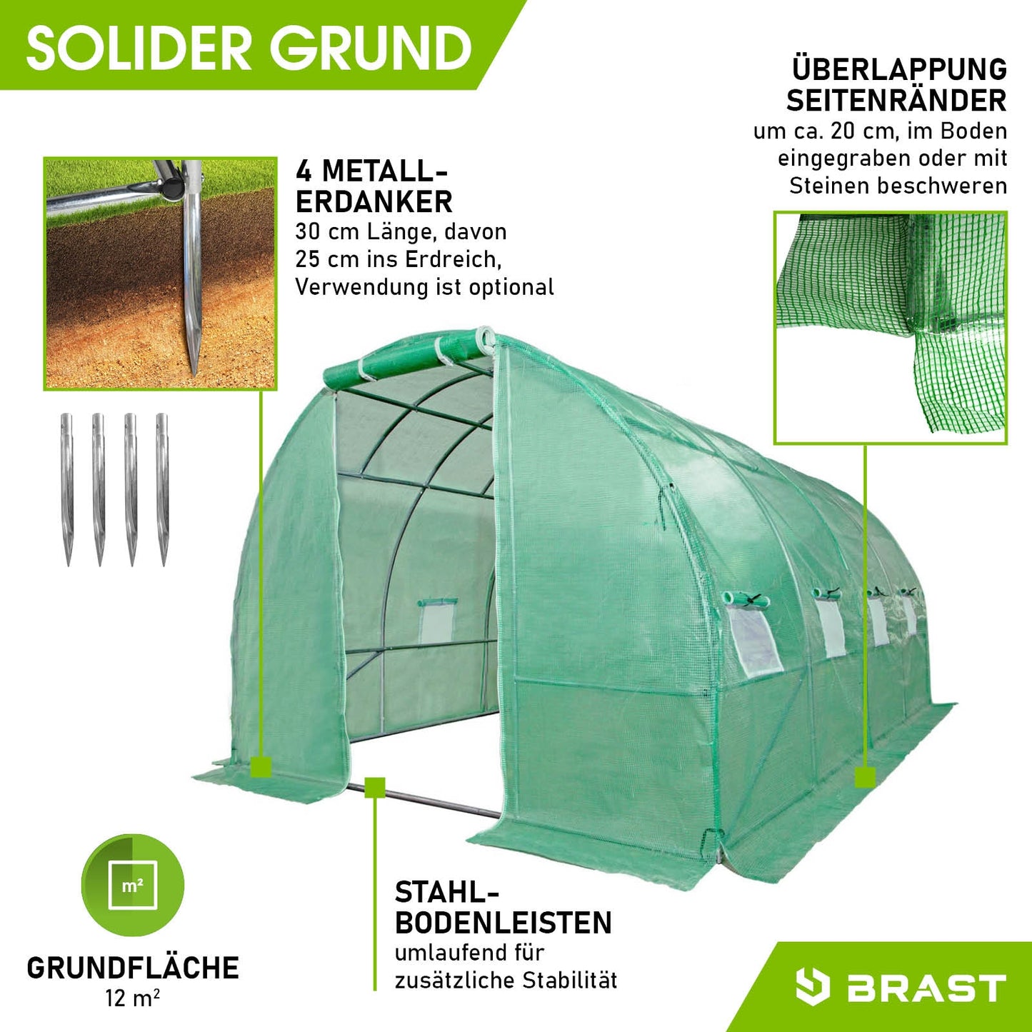 BRAST Folien-Gewächshaus 3x4m inkl. 4 Erdanker