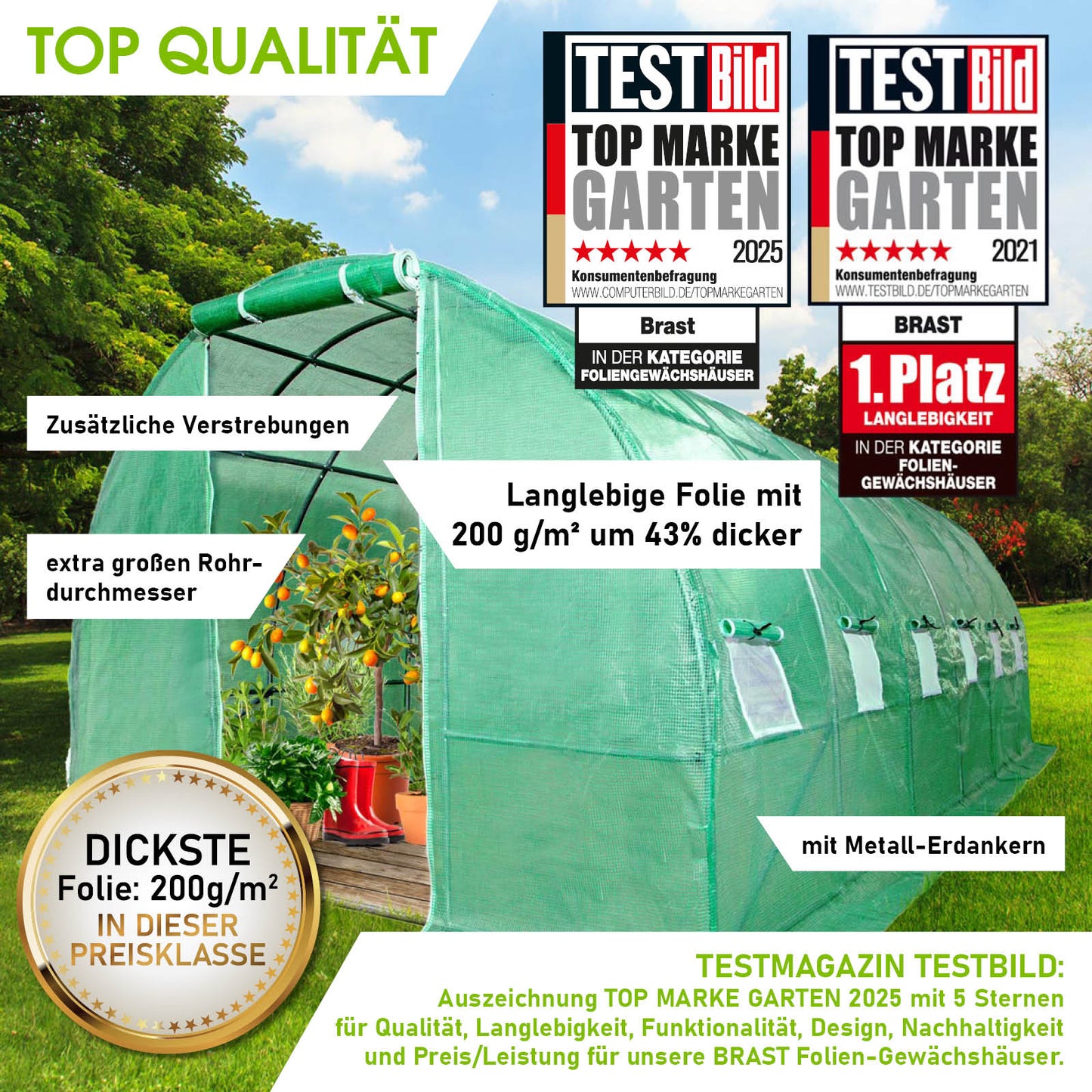 BRAST Folien-Gewächshaus 3x6m inkl. 4 Erdanker