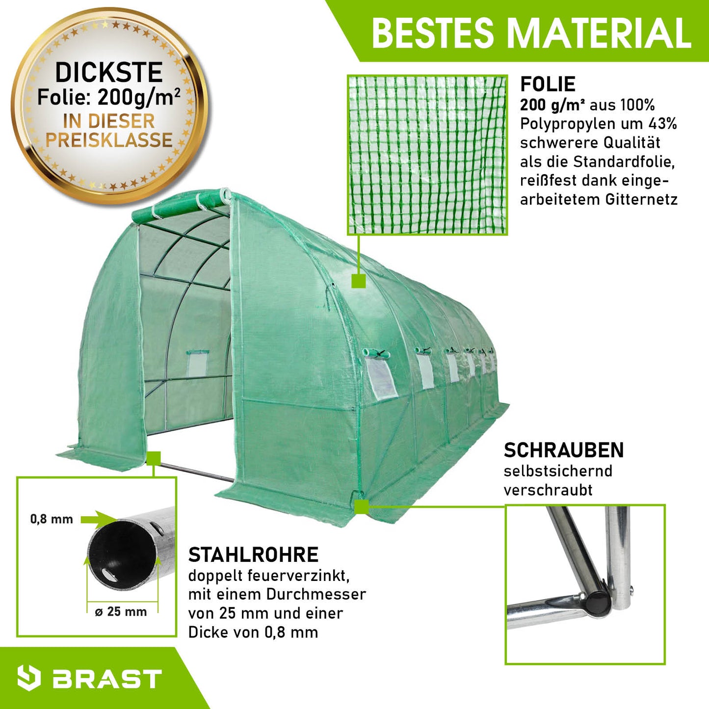 BRAST Folien-Gewächshaus 3x6m inkl. 4 Erdanker