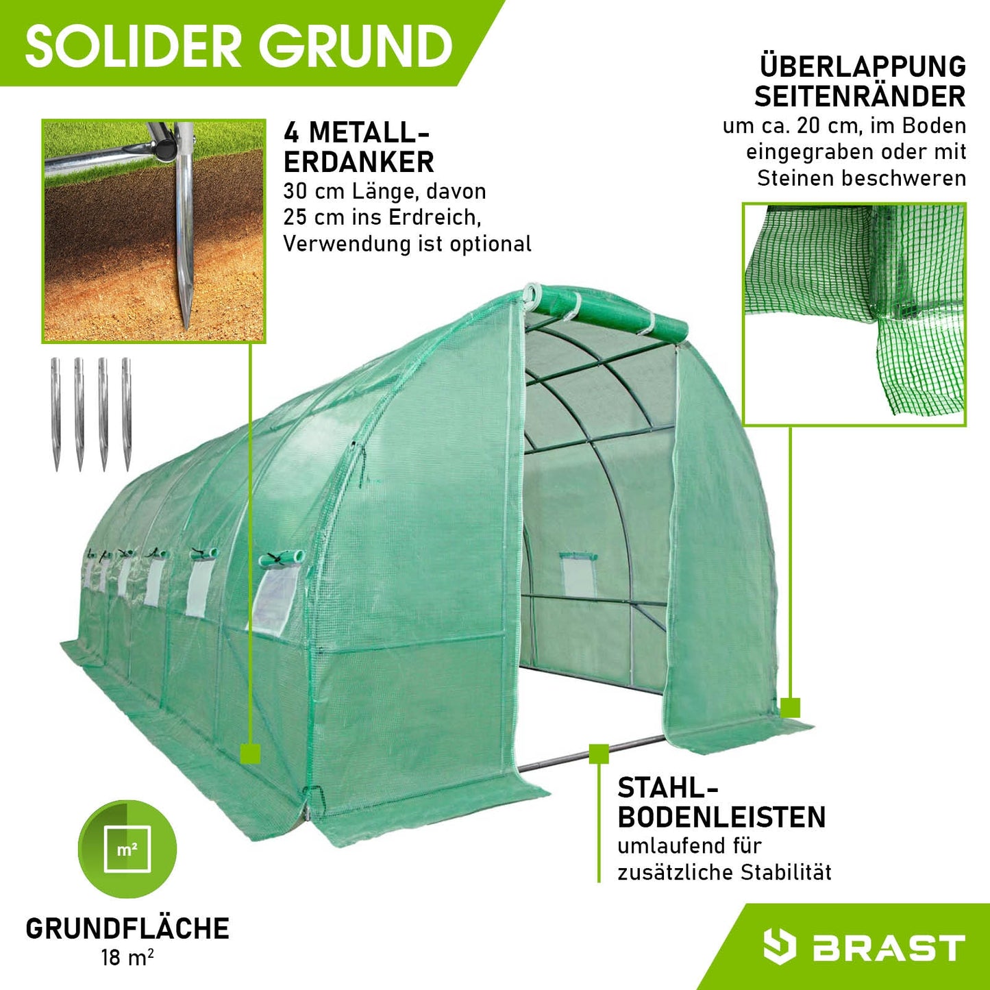 BRAST Folien-Gewächshaus 3x6m inkl. 4 Erdanker