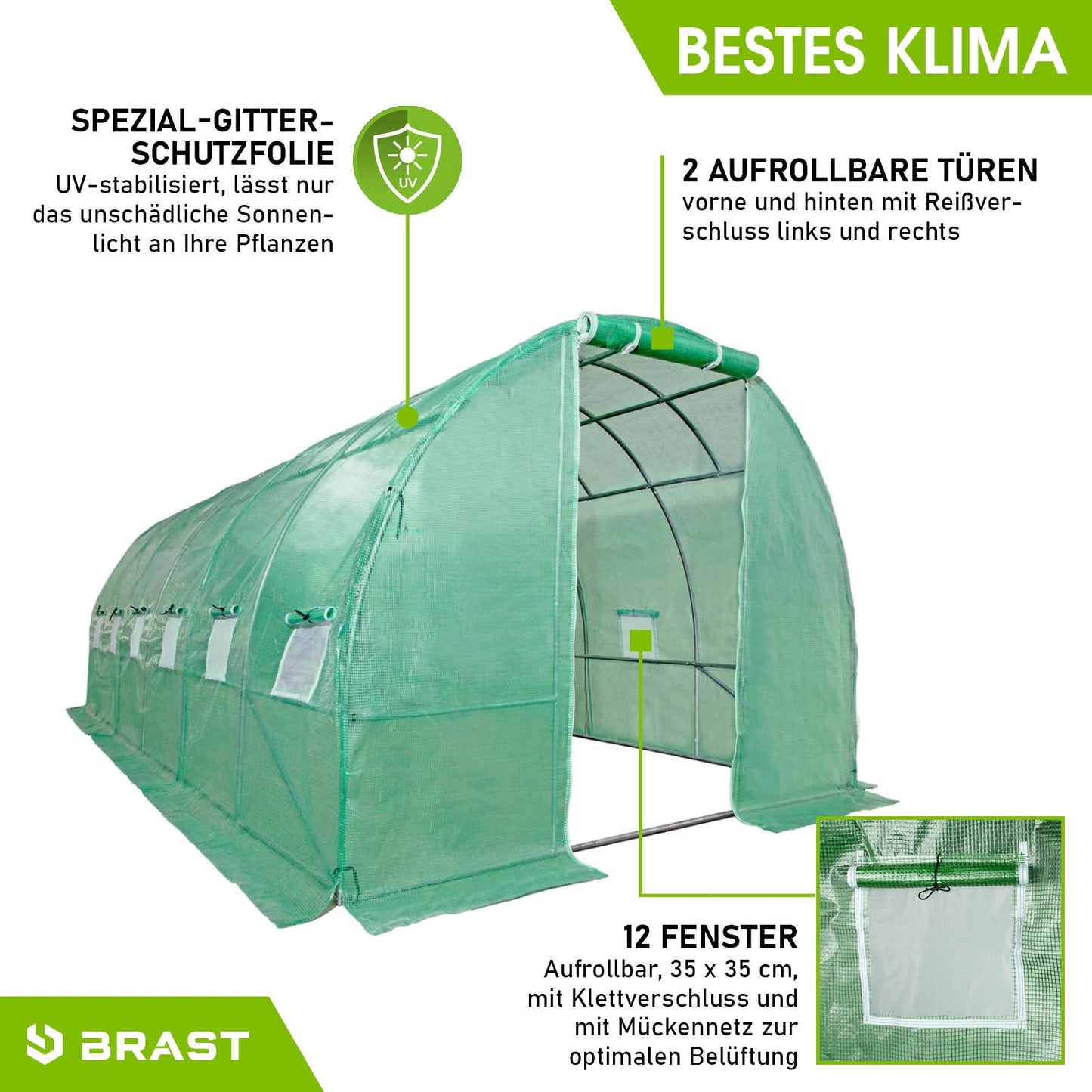 BRAST Folien-Gewächshaus 3x6m inkl. 4 Erdanker