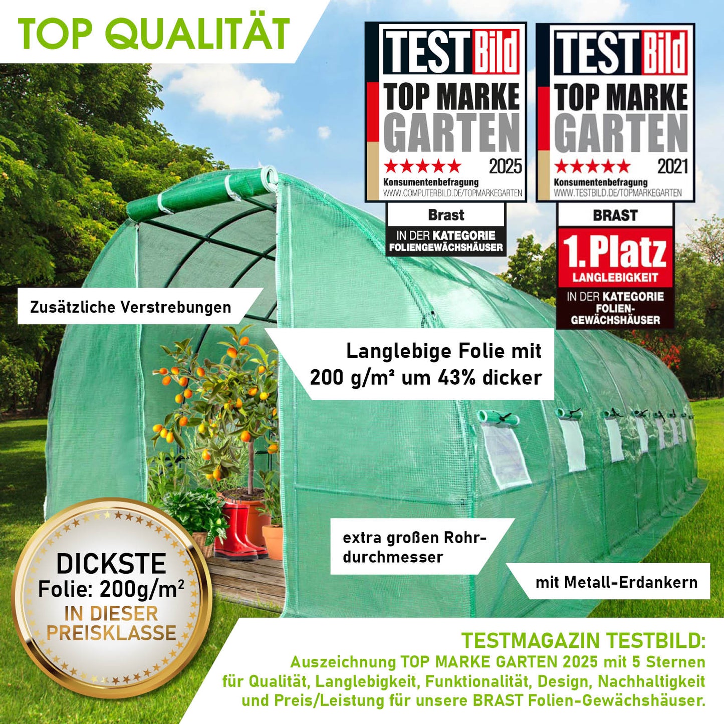 BRAST Folien-Gewächshaus 3x8m inkl. 6 Erdanker