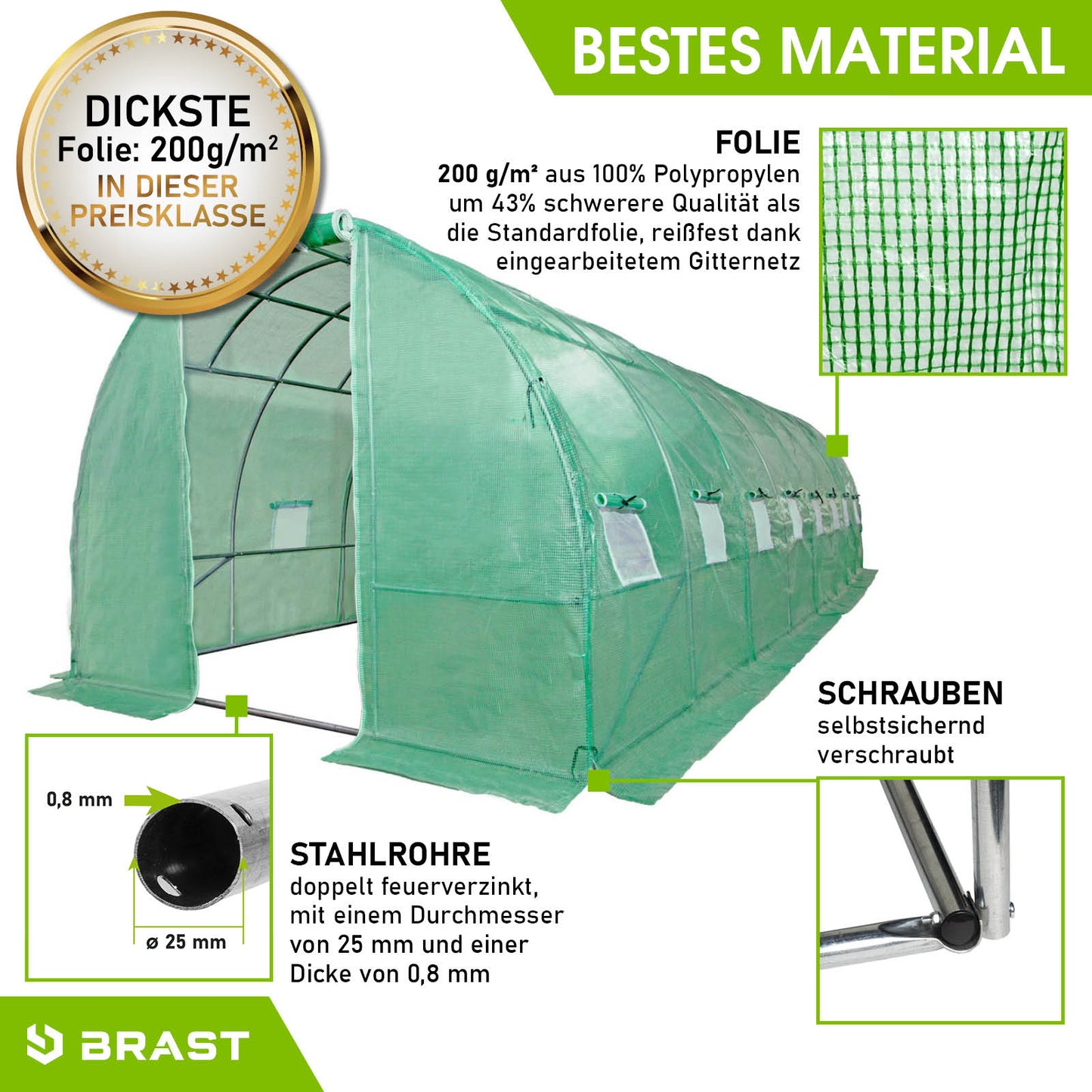 BRAST Folien-Gewächshaus 3x8m inkl. 6 Erdanker