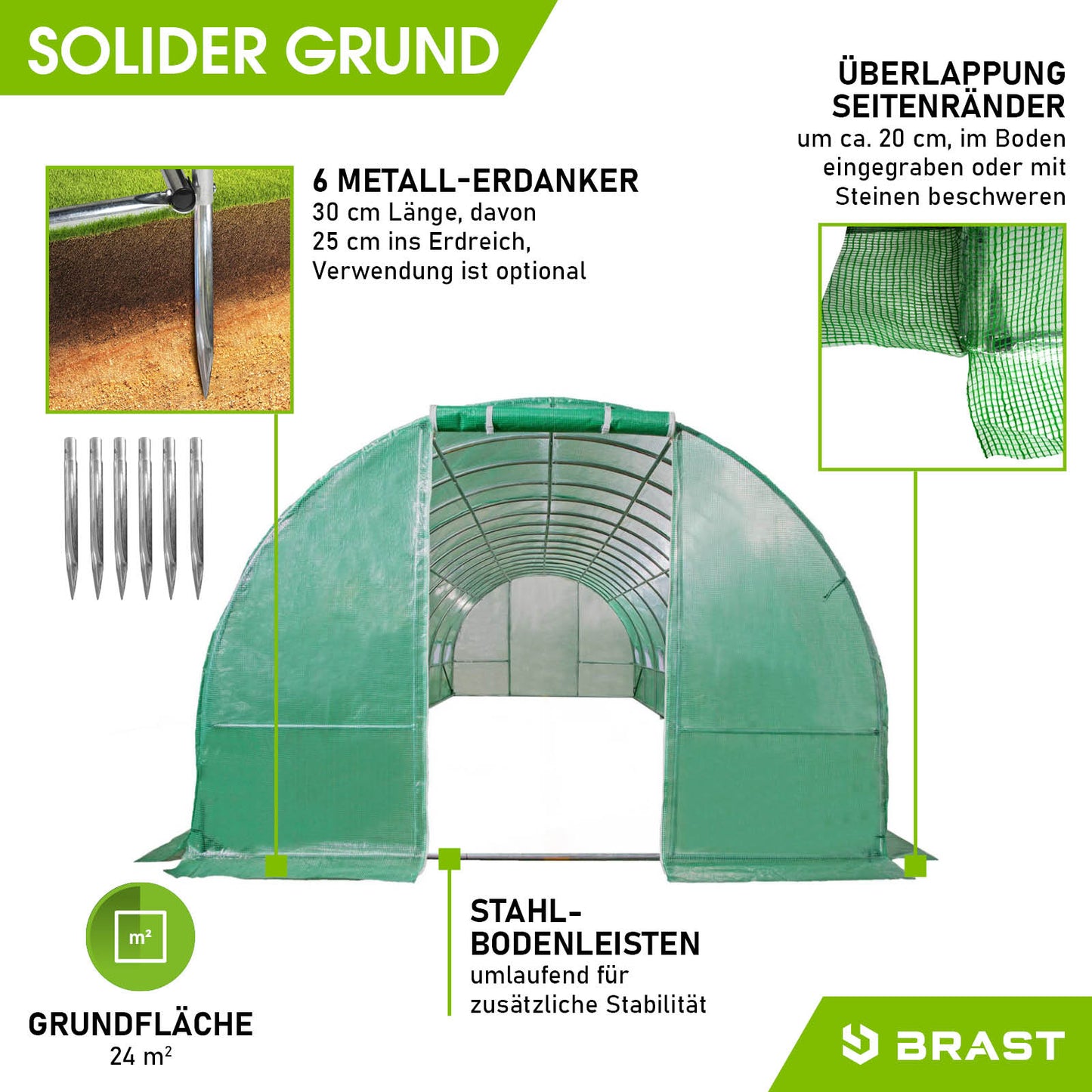 BRAST Folien-Gewächshaus 3x8m inkl. 6 Erdanker