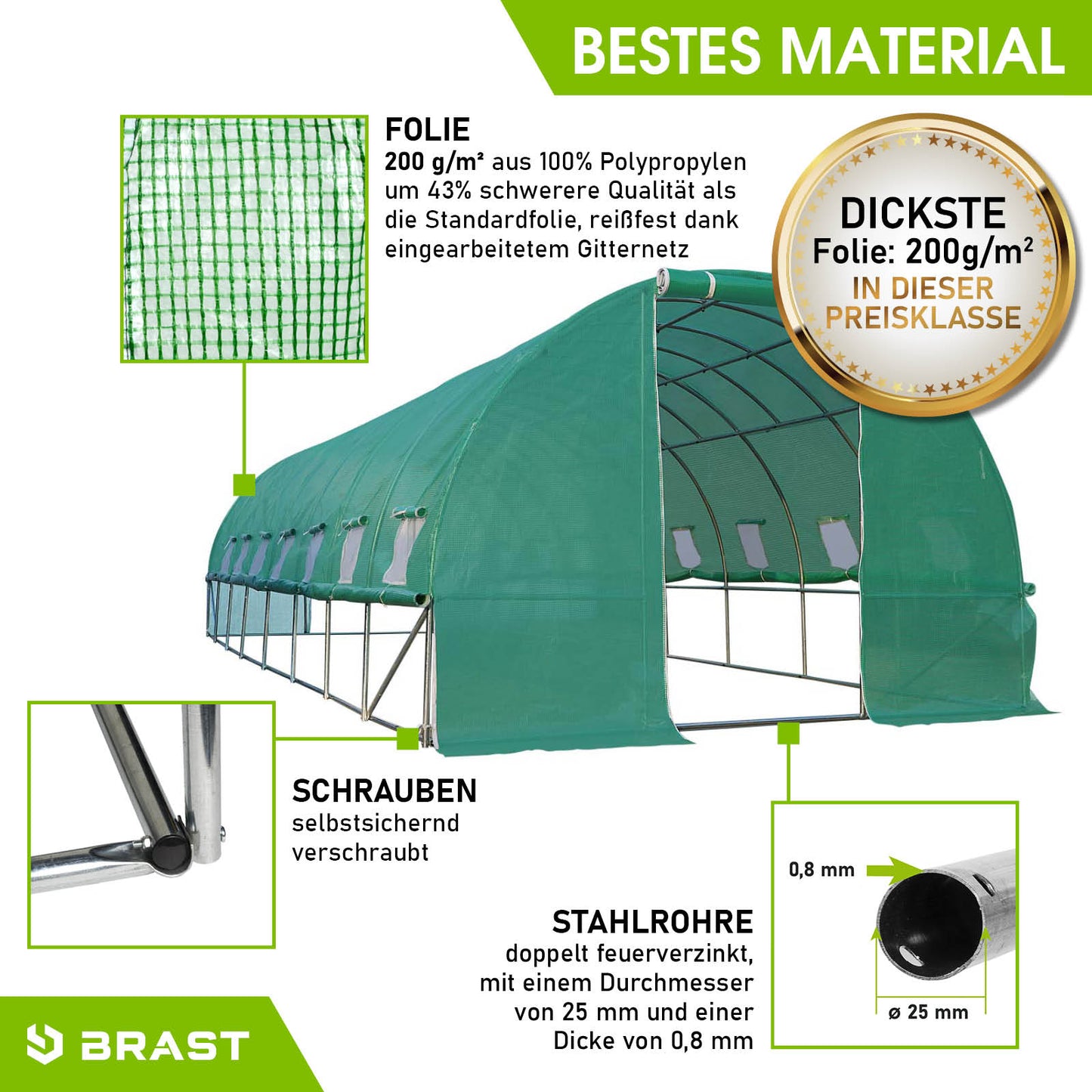 Folien-Gewächshaus 3x8m, rollbar inkl. 6 Erdanker