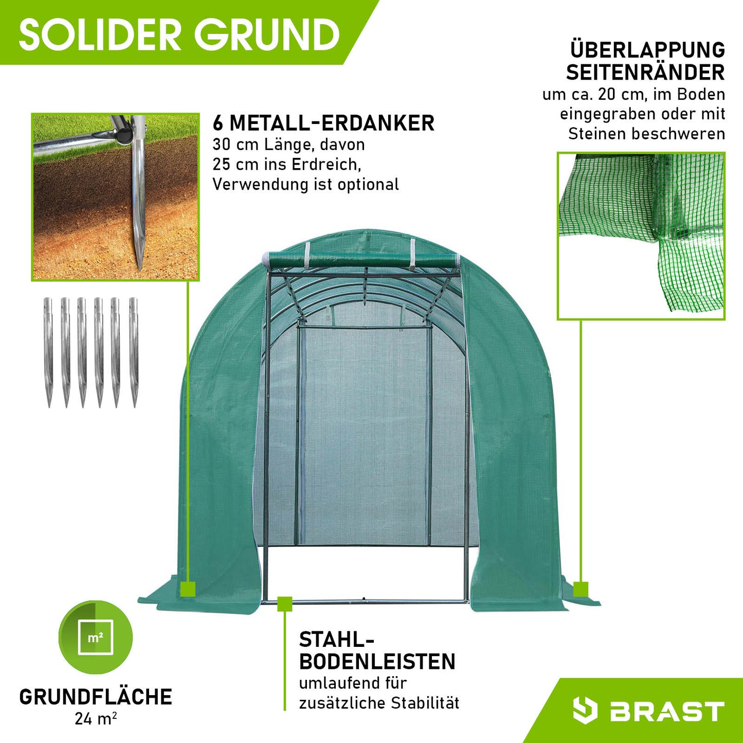 Folien-Gewächshaus 3x8m, rollbar inkl. 6 Erdanker
