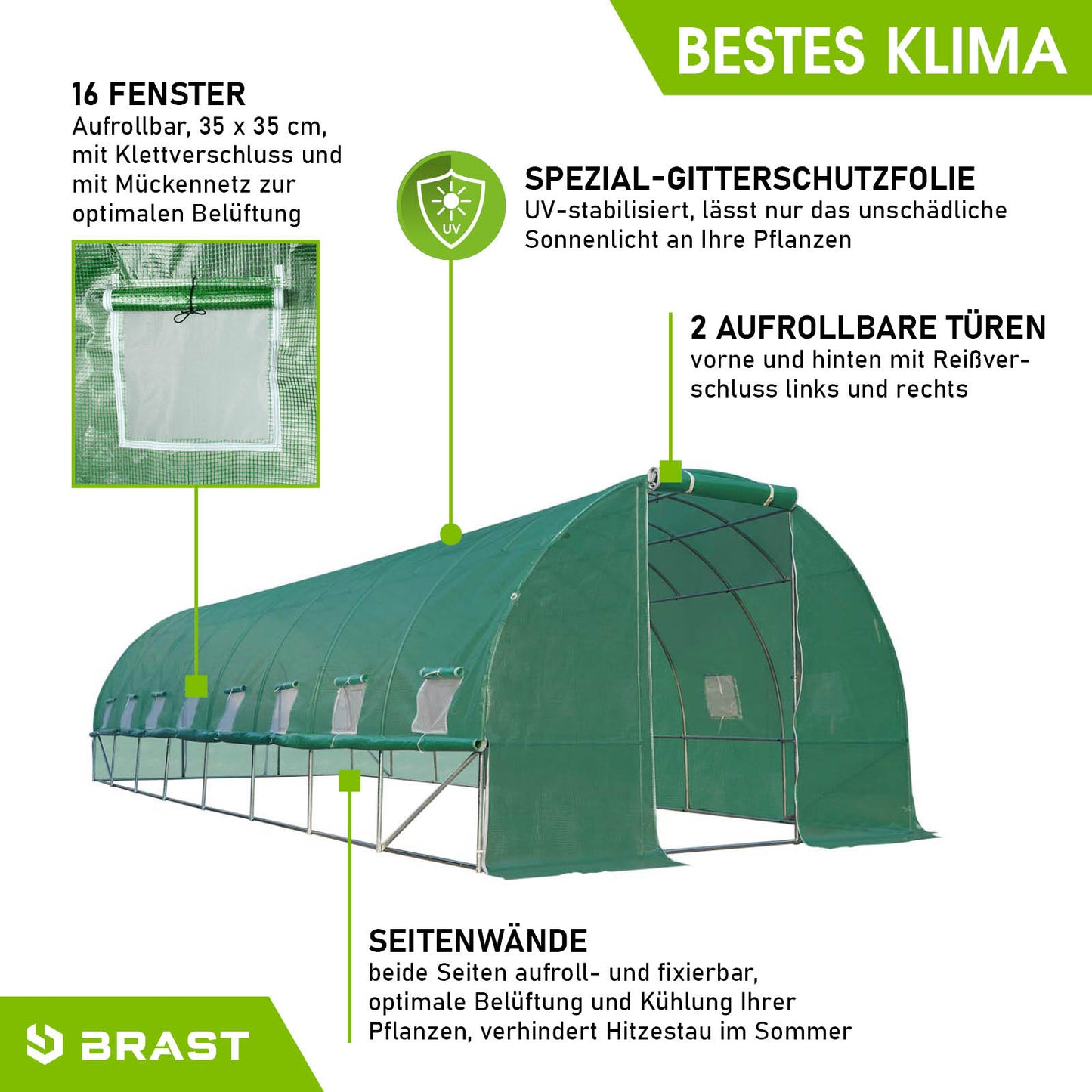 Folien-Gewächshaus 3x8m, rollbar inkl. 6 Erdanker