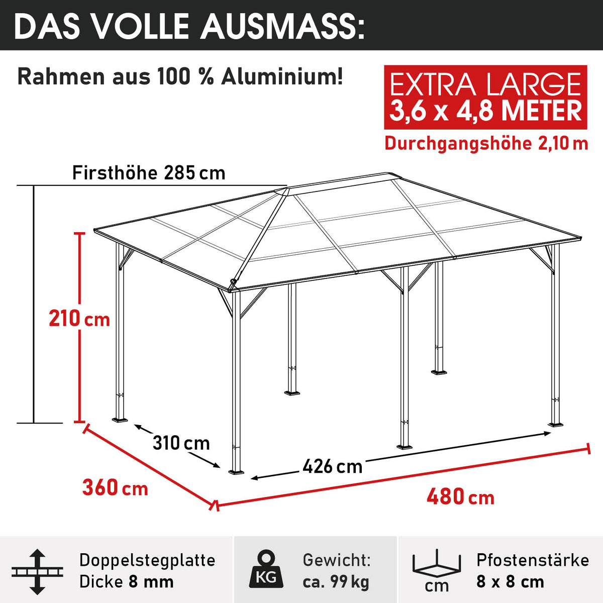 Alu-Pavillon Premium 3,6x4,8m grau