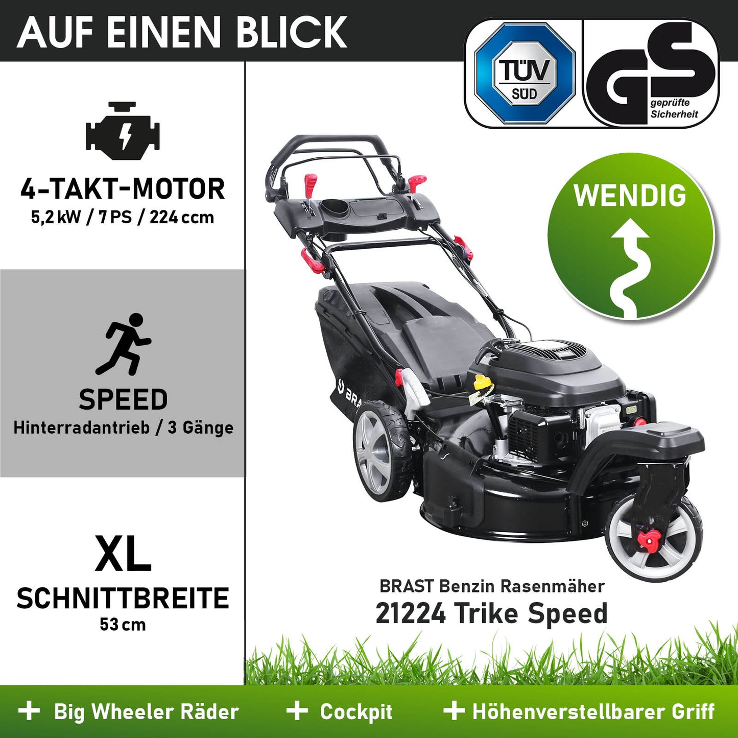 BRAST Benzin Rasenmäher 21224 Trike SPEED