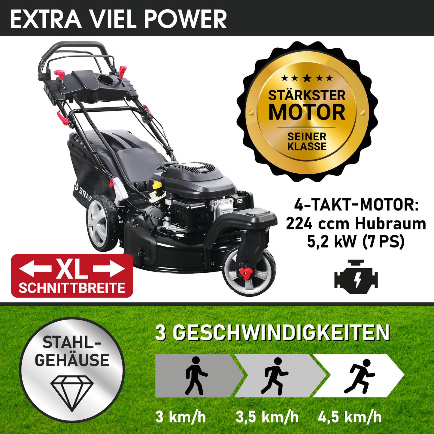 BRAST Benzin Rasenmäher 21224 Trike ESTART SPEED