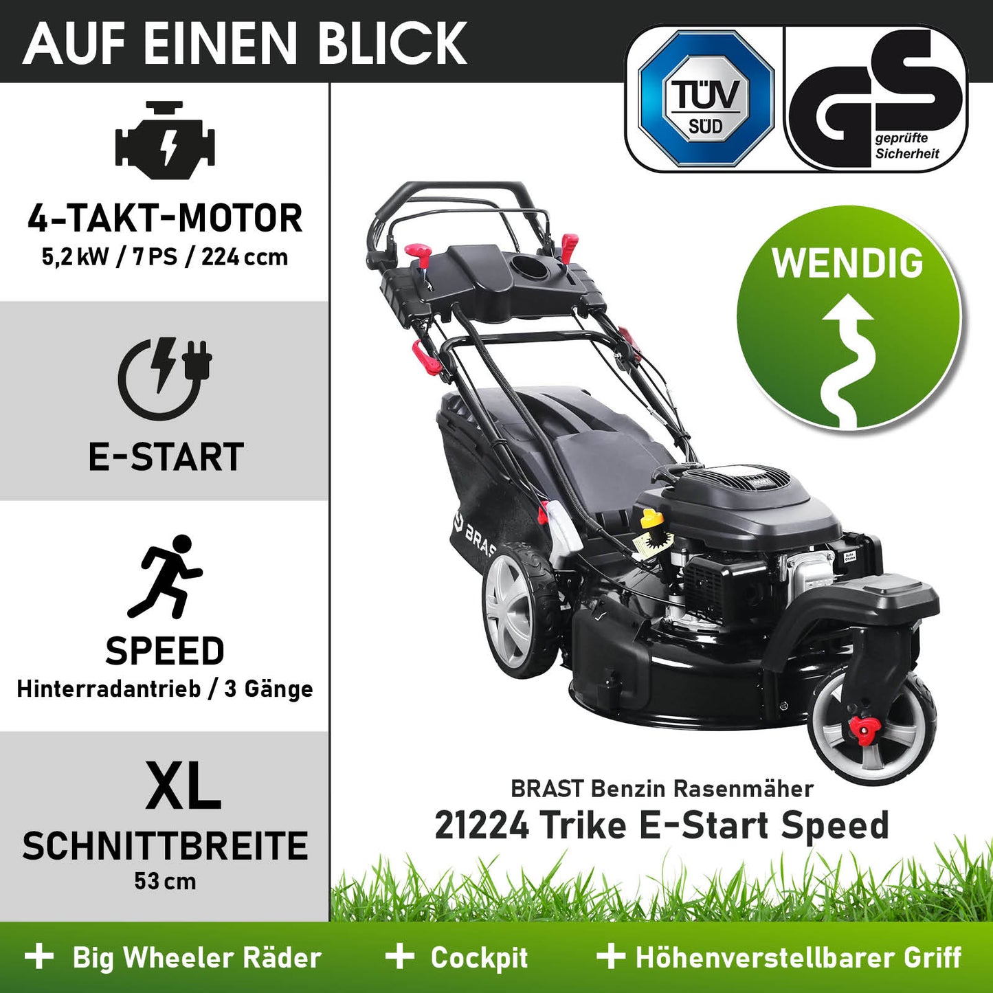 BRAST Benzin Rasenmäher 21224 Trike ESTART SPEED