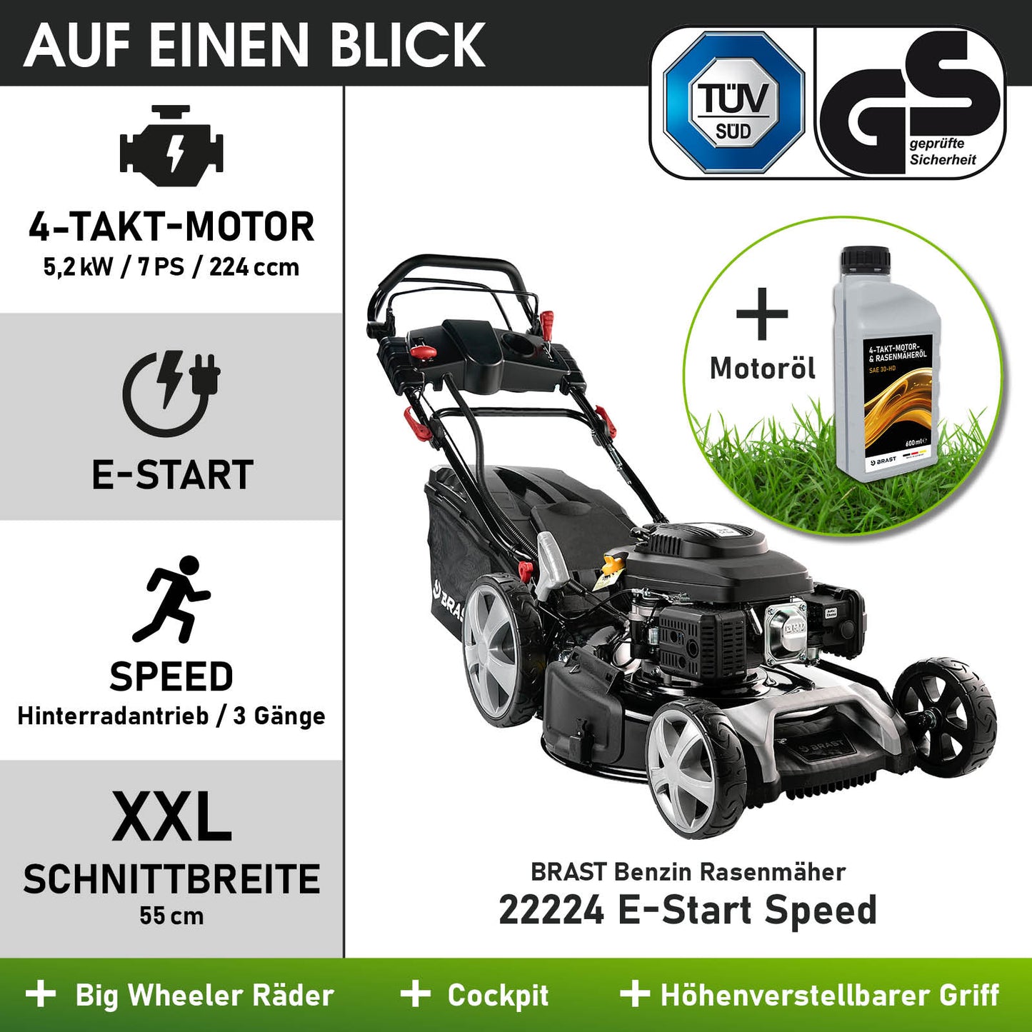 Benzin Rasenmäher 22224 ESTART SPEED inkl. Motoröl