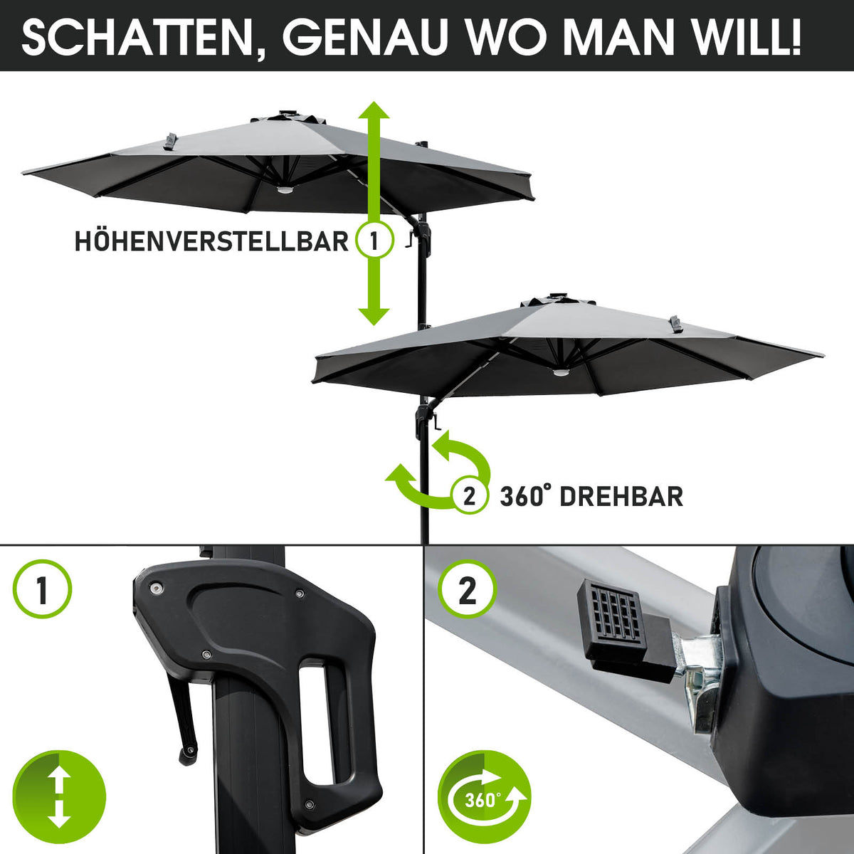 Alu Ampelschirm 300cm grau mit LED-Beleuchtung