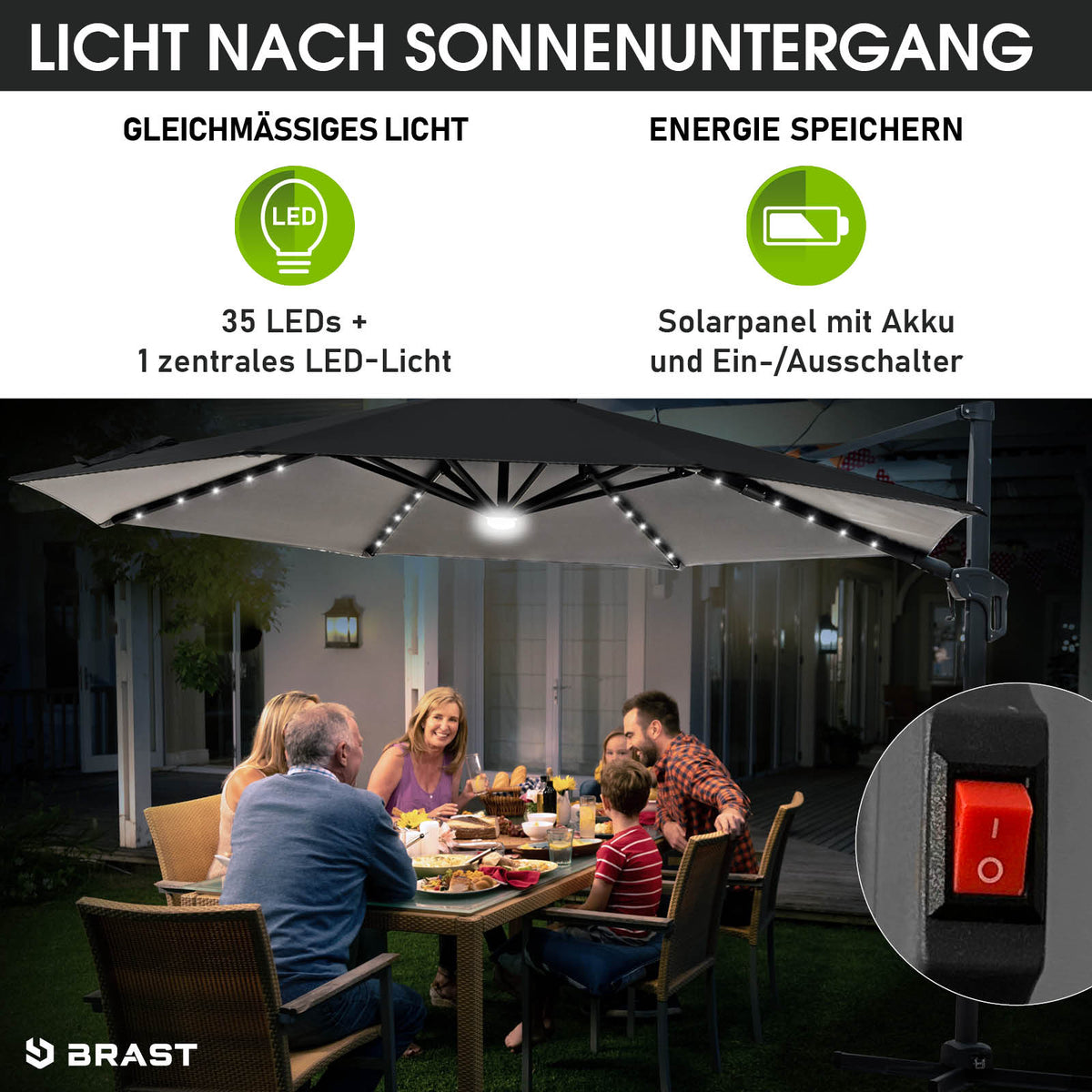 Alu Ampelschirm 300cm grau mit LED-Beleuchtung