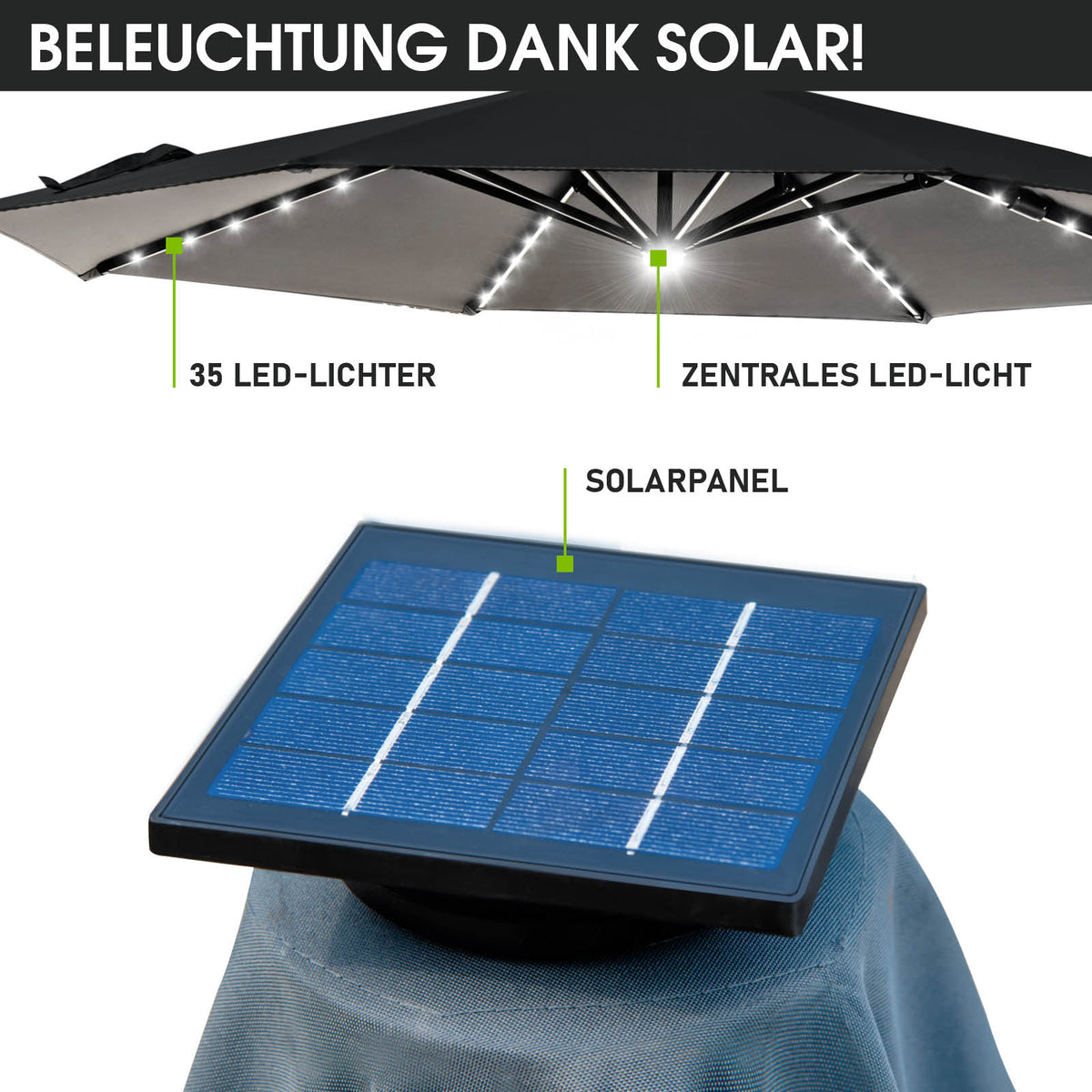 Alu Ampelschirm 300cm grau mit LED-Beleuchtung
