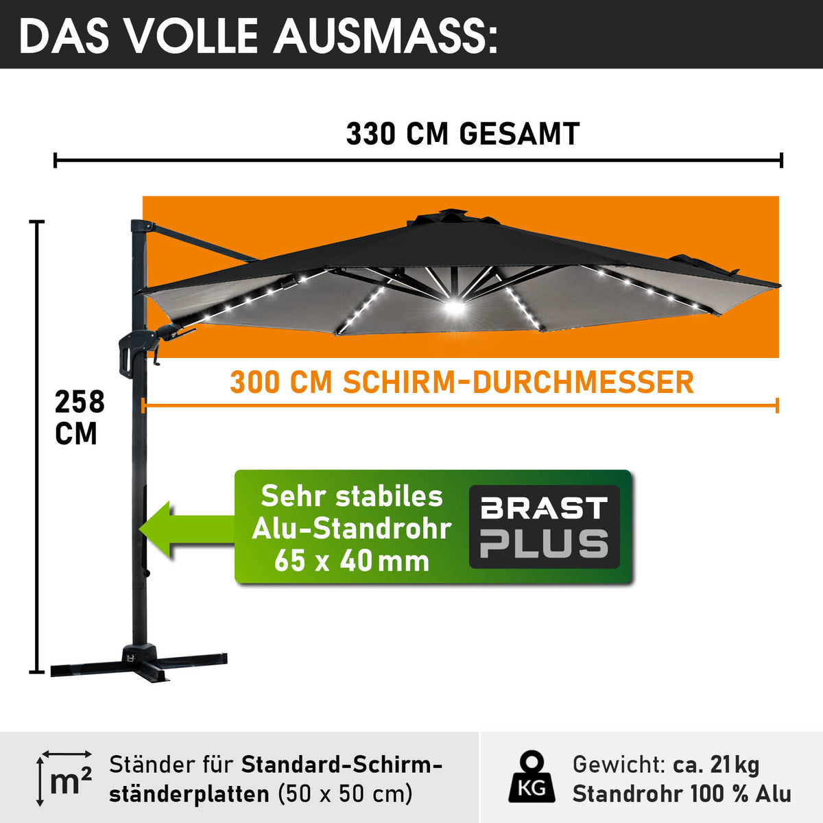 Alu Ampelschirm 300cm grau mit LED-Beleuchtung