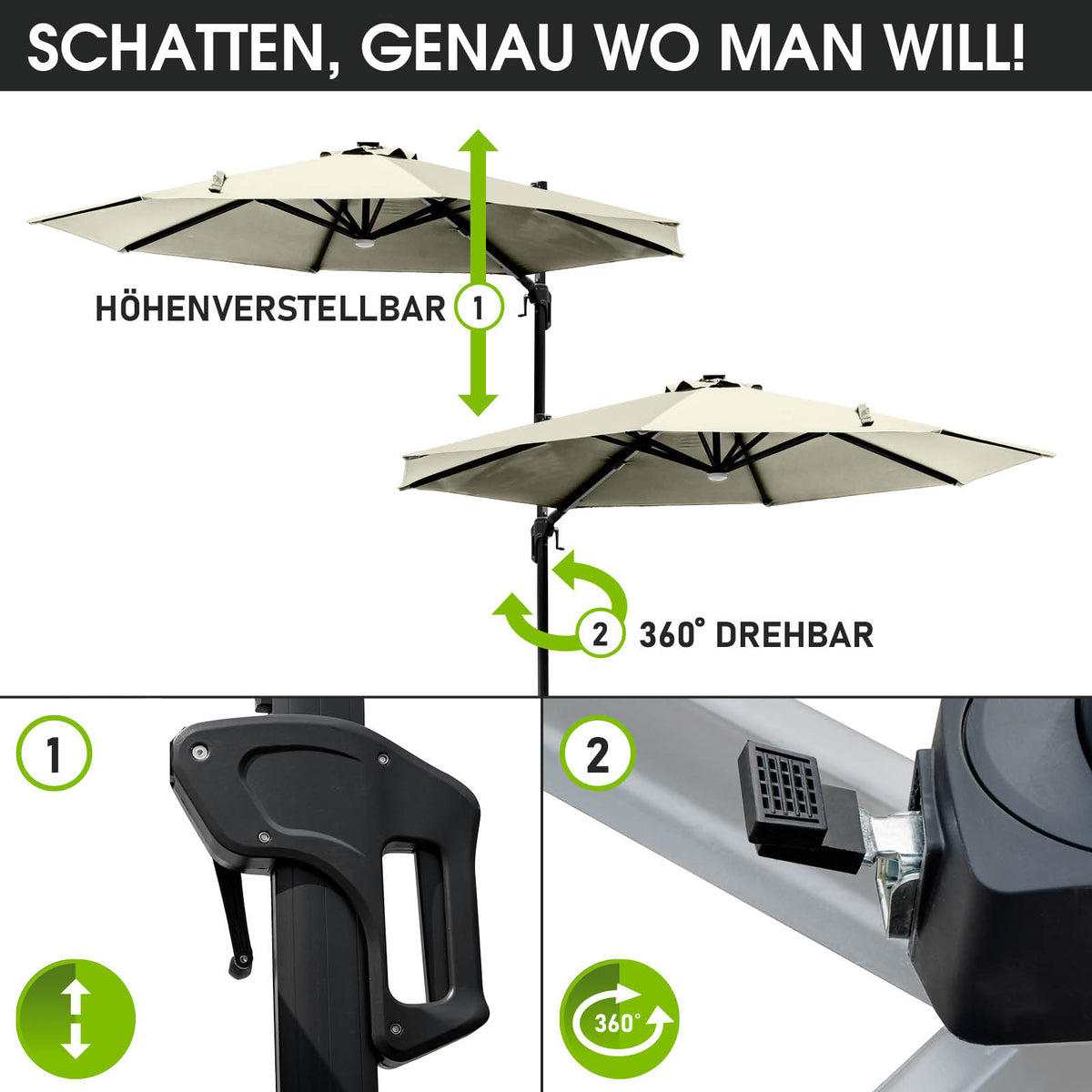Alu Ampelschirm 300cm beige mit LED-Beleuchtung