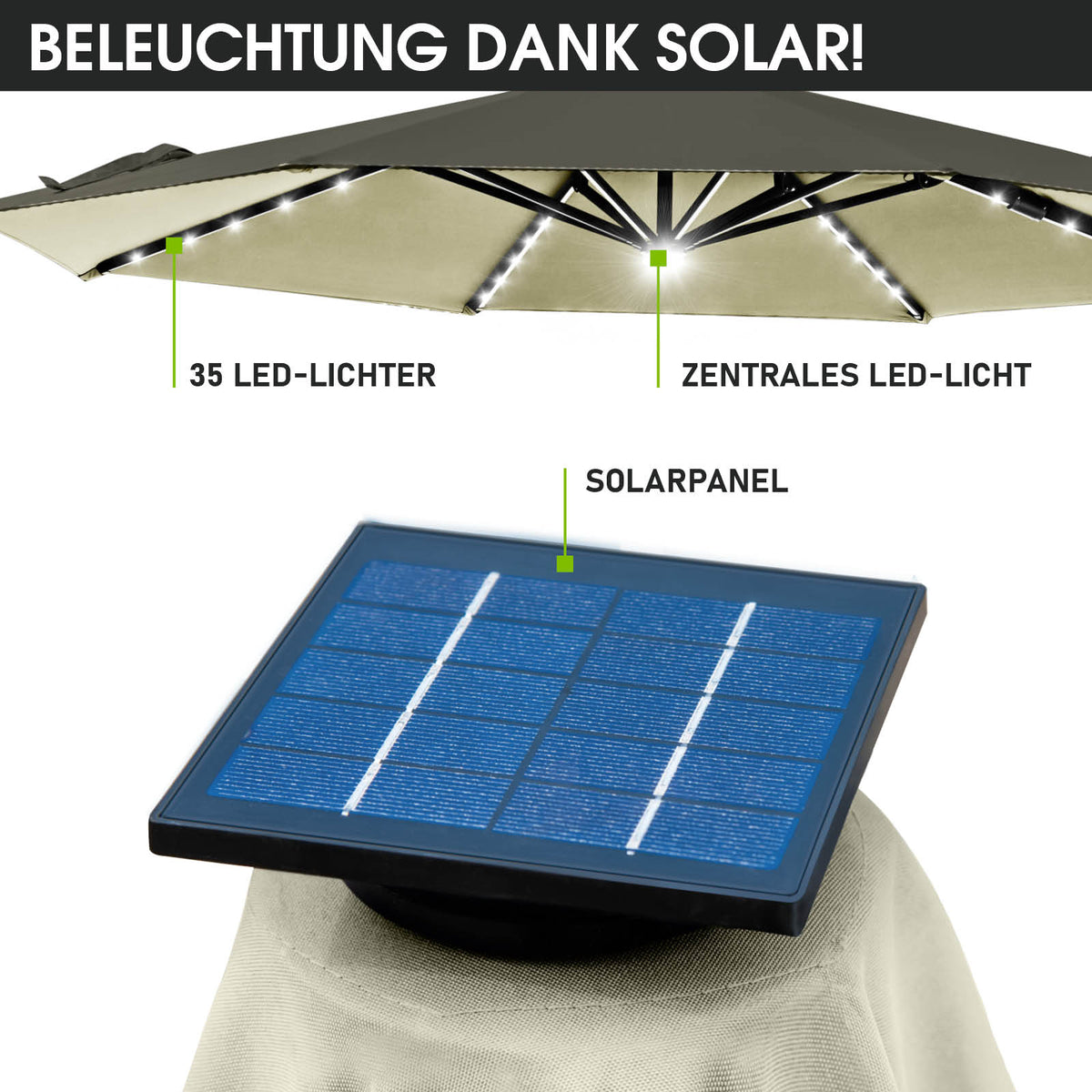 Alu Ampelschirm 300cm beige mit LED-Beleuchtung