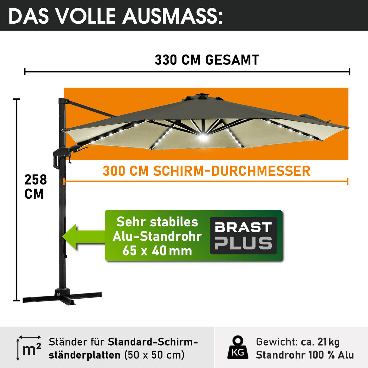 Alu Ampelschirm 300cm beige mit LED-Beleuchtung