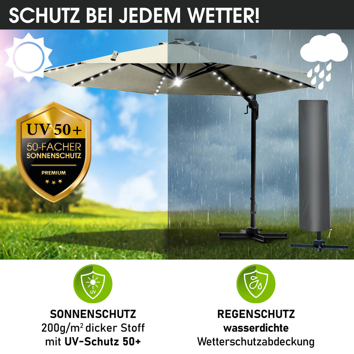 Alu Ampelschirm 300cm beige mit LED-Beleuchtung